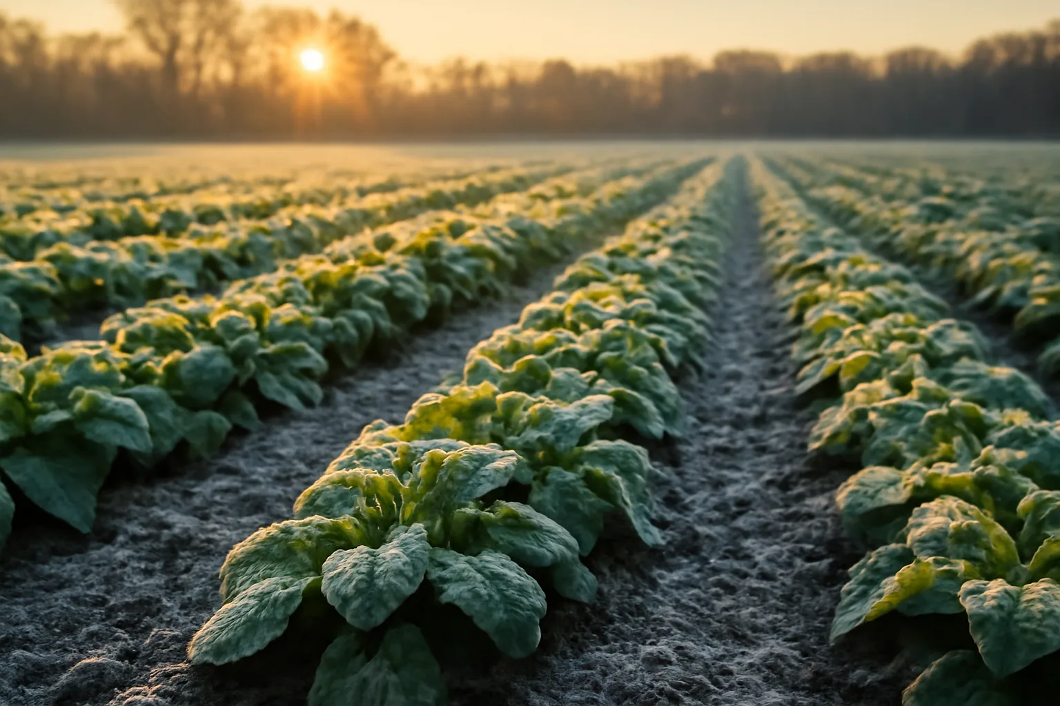 Frosted turnip food plot rows at sunrise on Minnesota deer hunting land