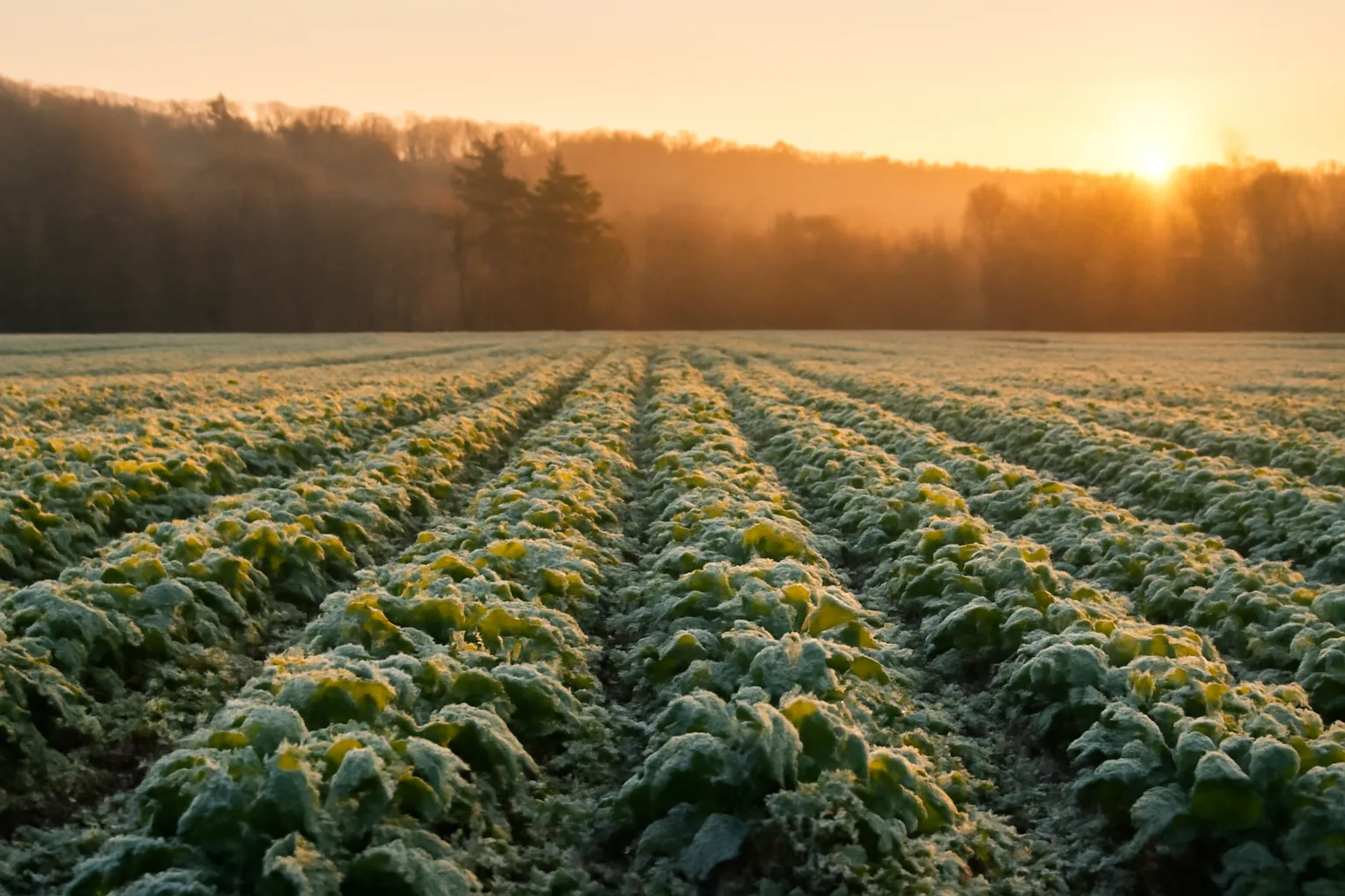 Frost-covered food plot at sunrise surrounded by upstate New York forest
