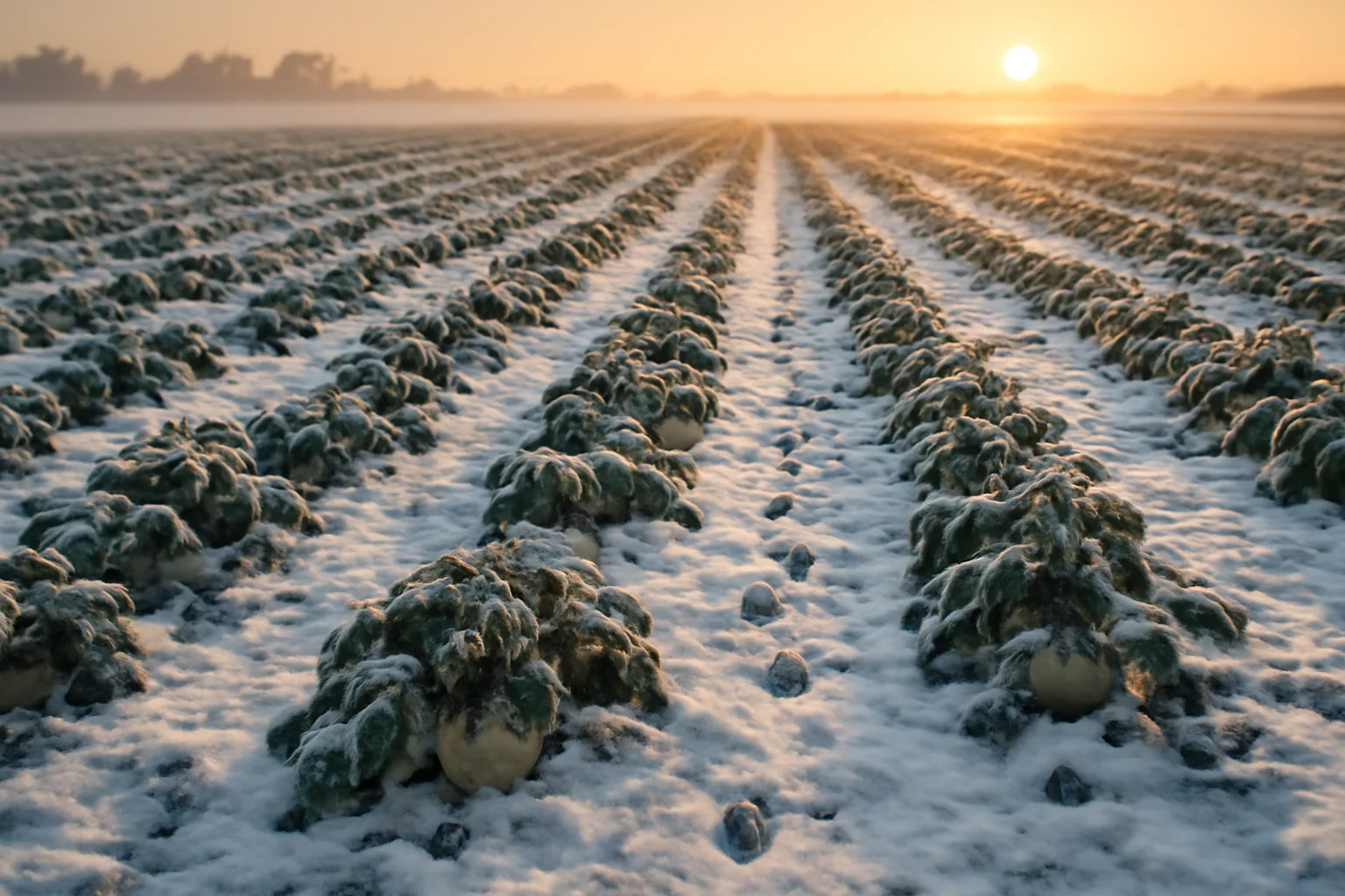 Frosted turnip food plot rows with snow and deer tracks at winter dawn