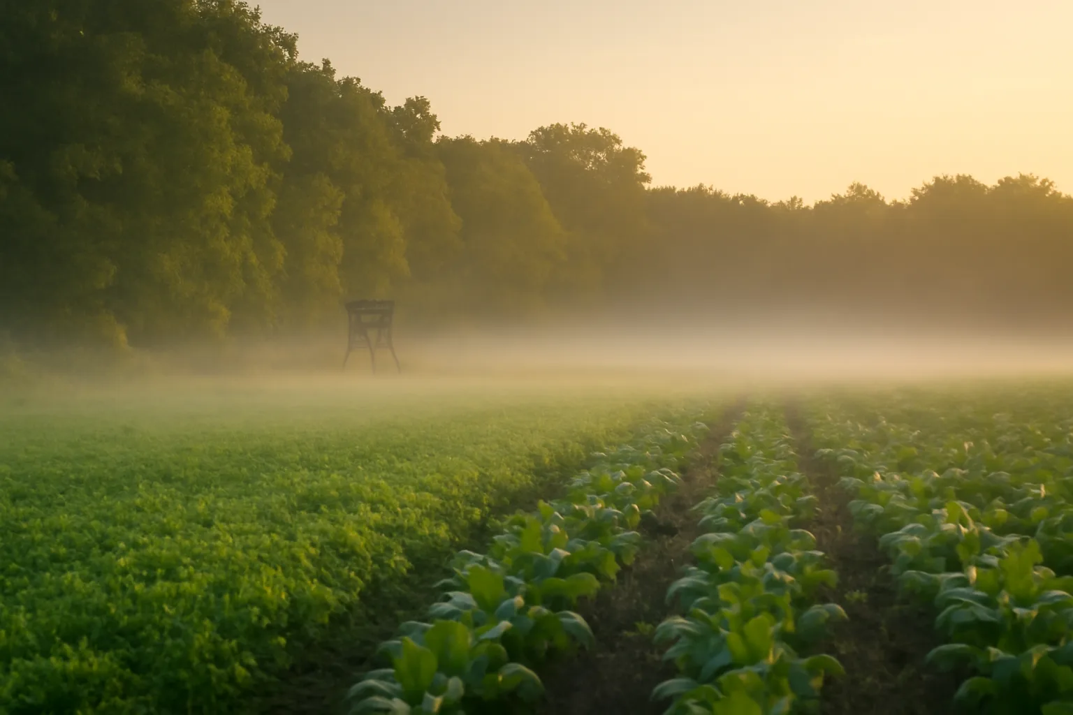Green early bow season food plot with clover and brassicas at dawn