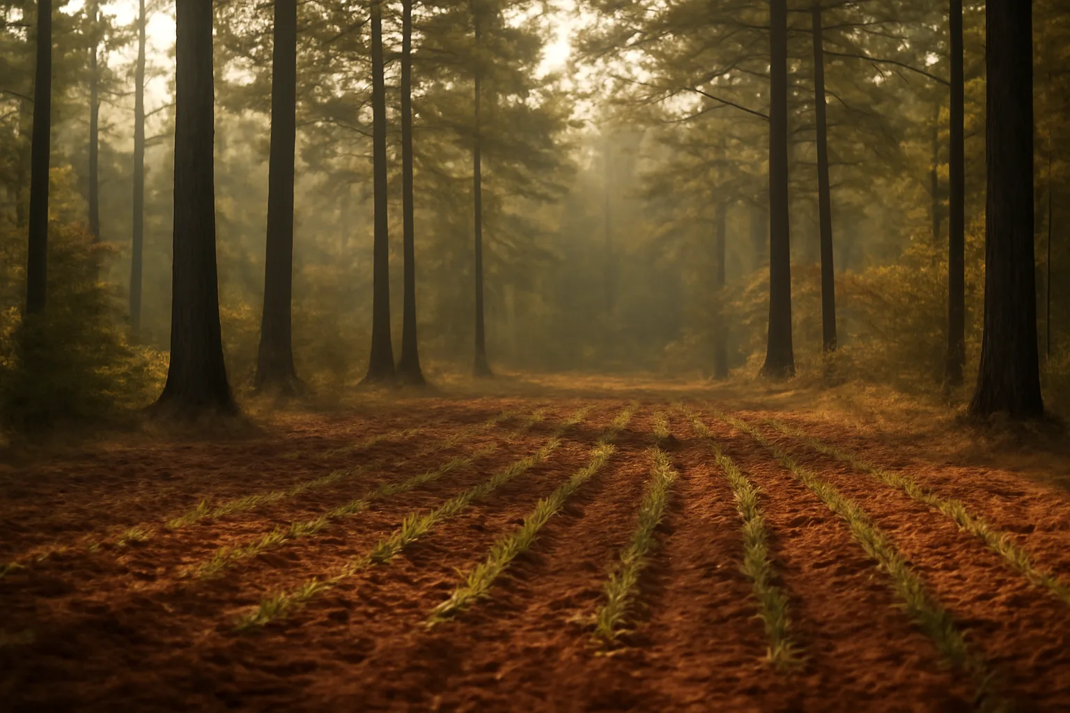 Freshly planted food plot clearing surrounded by East Texas pine forest at dusk