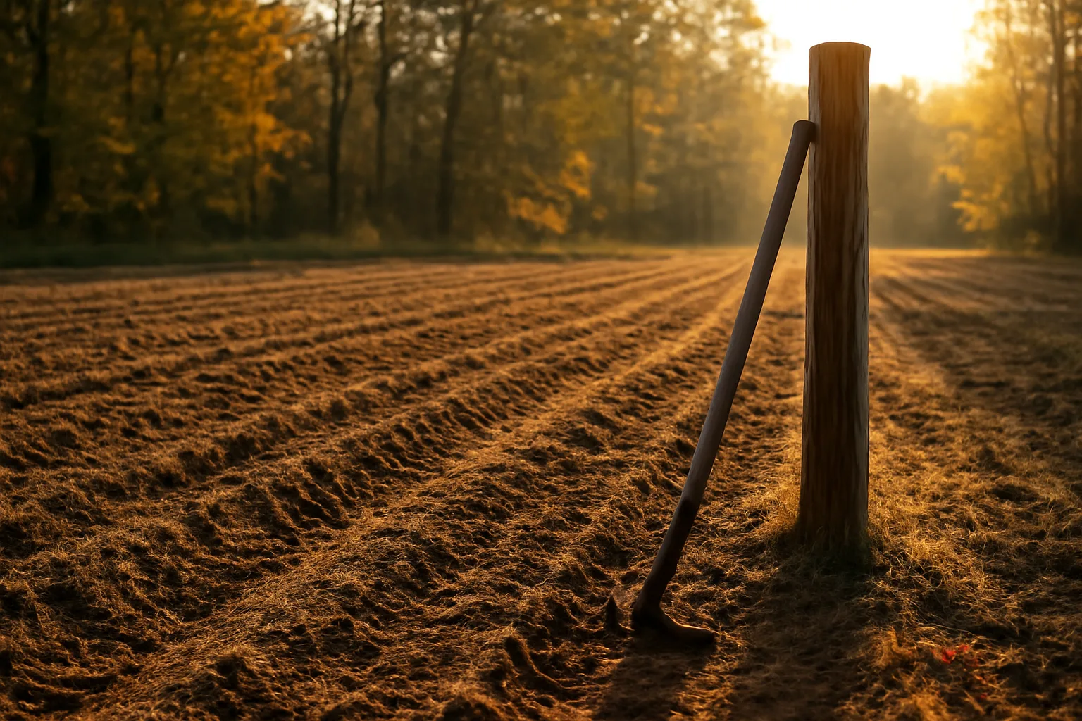 Freshly planted fall food plot rows bordered by autumn hardwood timber at sunset