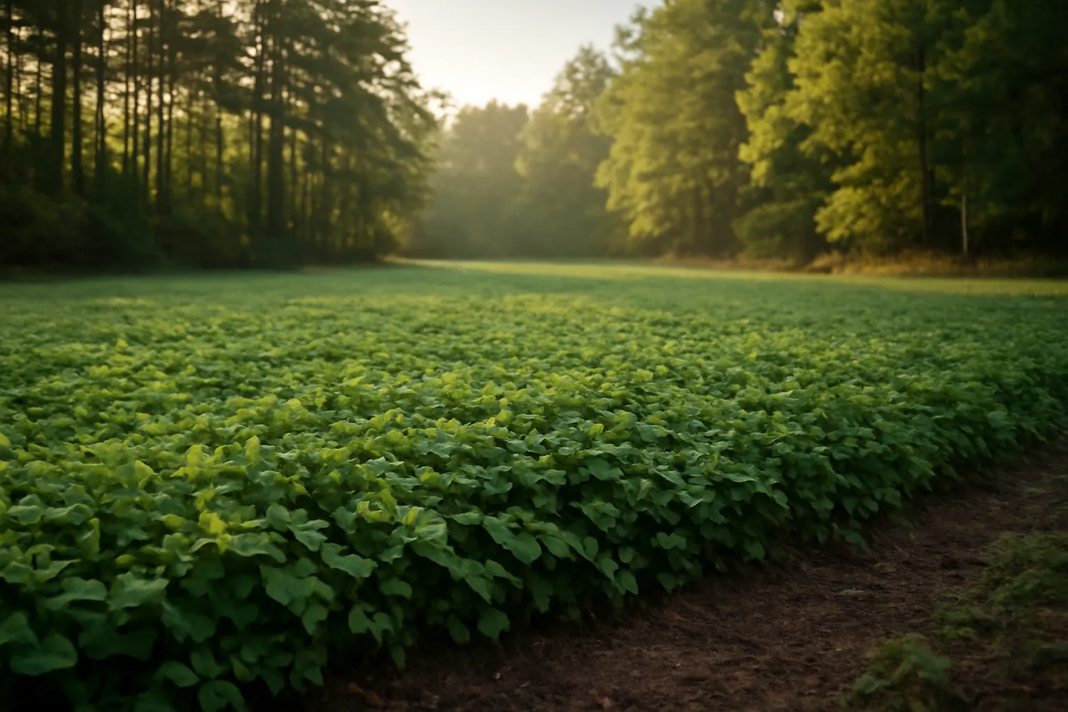 Dew-covered clover food plot bordered by pine trees in rural Georgia at sunrise