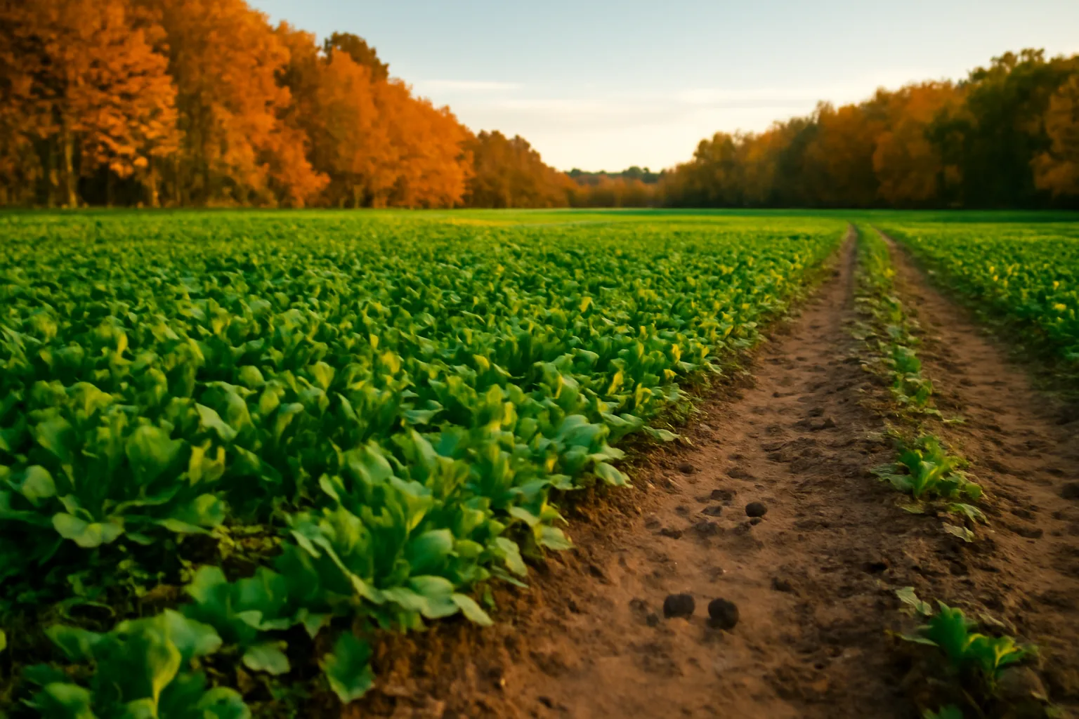 Green fall food plot planted with cereal grain and brassicas bordering hardwood timber