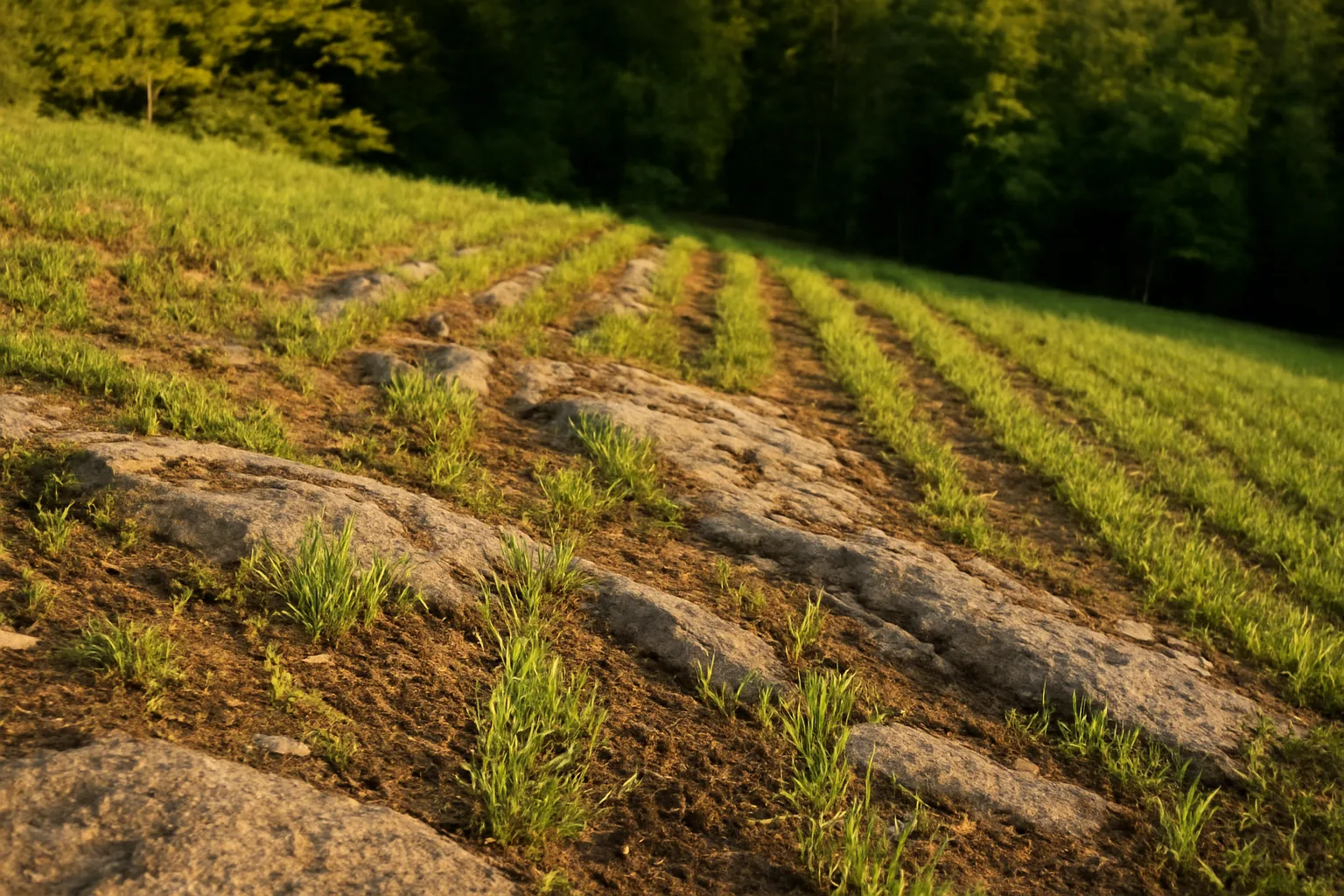 young oat and clover seedlings growing through rocky, thin soil on a hillside food plot