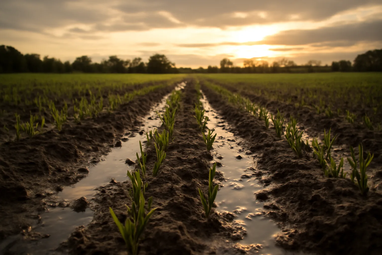 Wet, muddy food plot field with young wheat growing between standing puddles near tree line