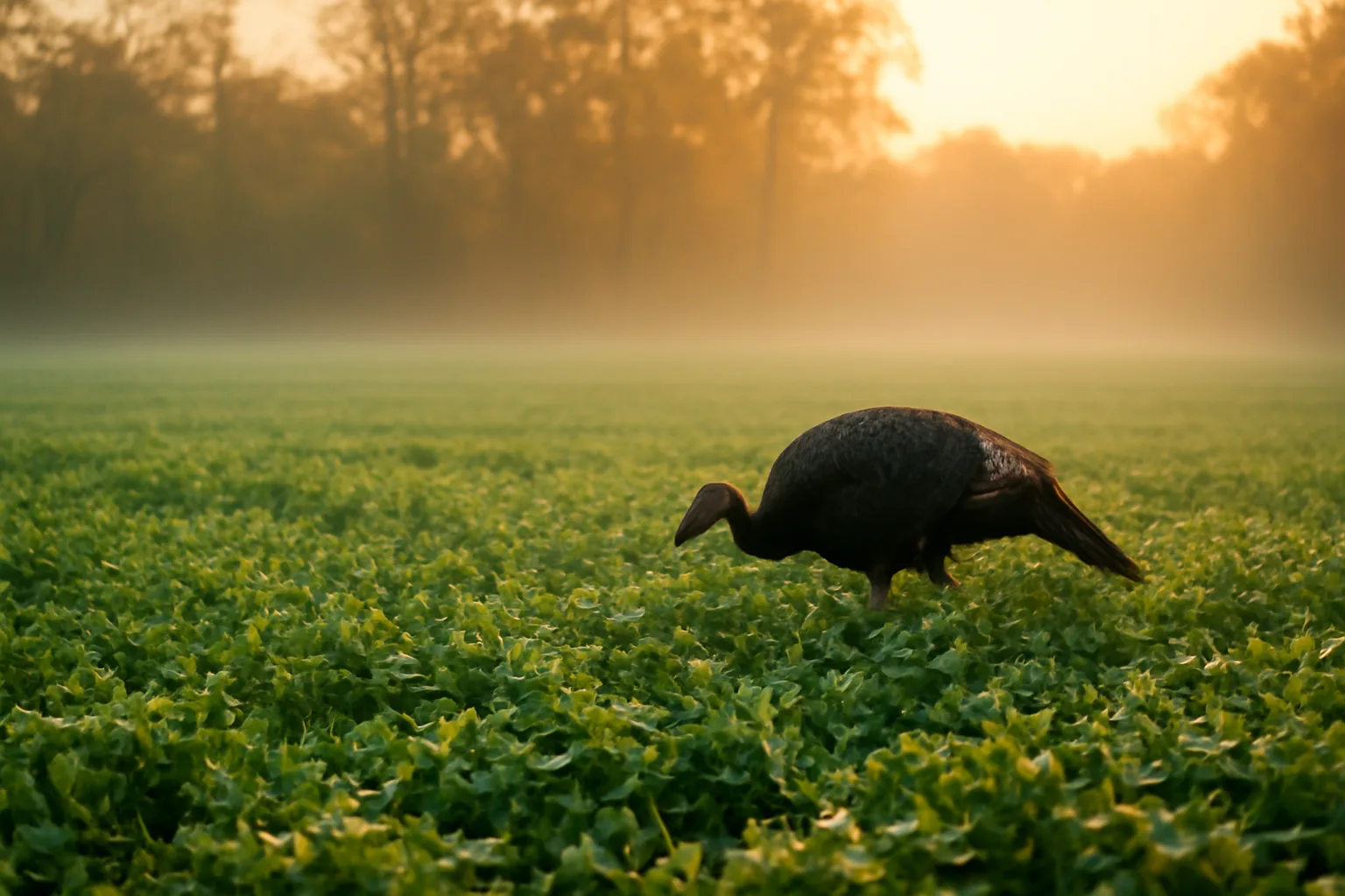 Wild turkey feeding in a green clover food plot at dawn near a tree line