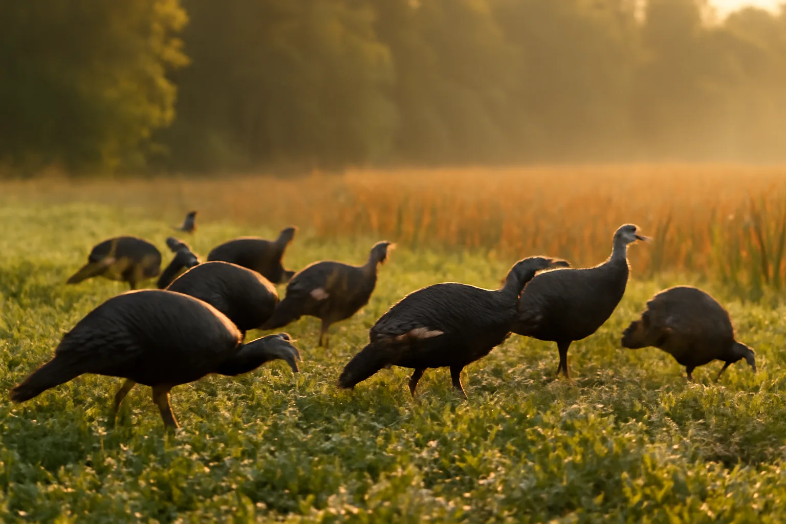 Wild turkeys feeding in a clover and grain food plot at sunrise