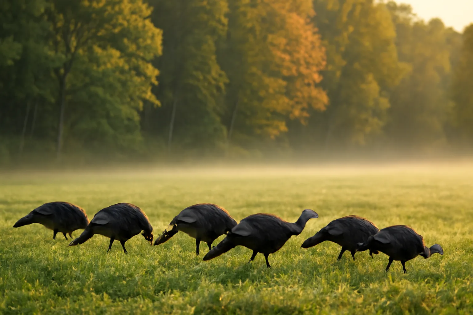 Wild turkeys feeding at edge of clover food plot near timber at sunrise
