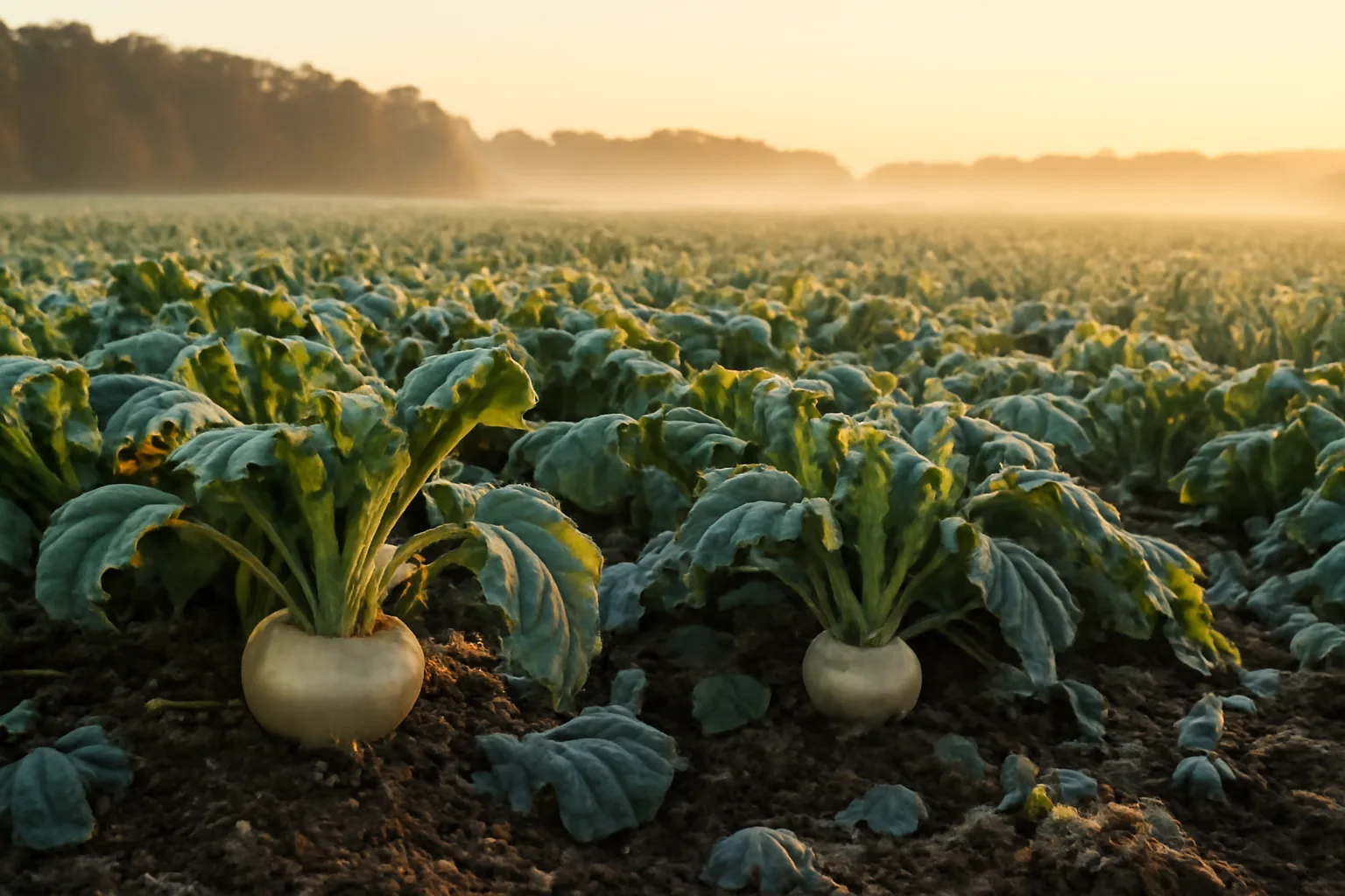 Frost-covered turnip and grain food plot at sunrise in a wooded clearing