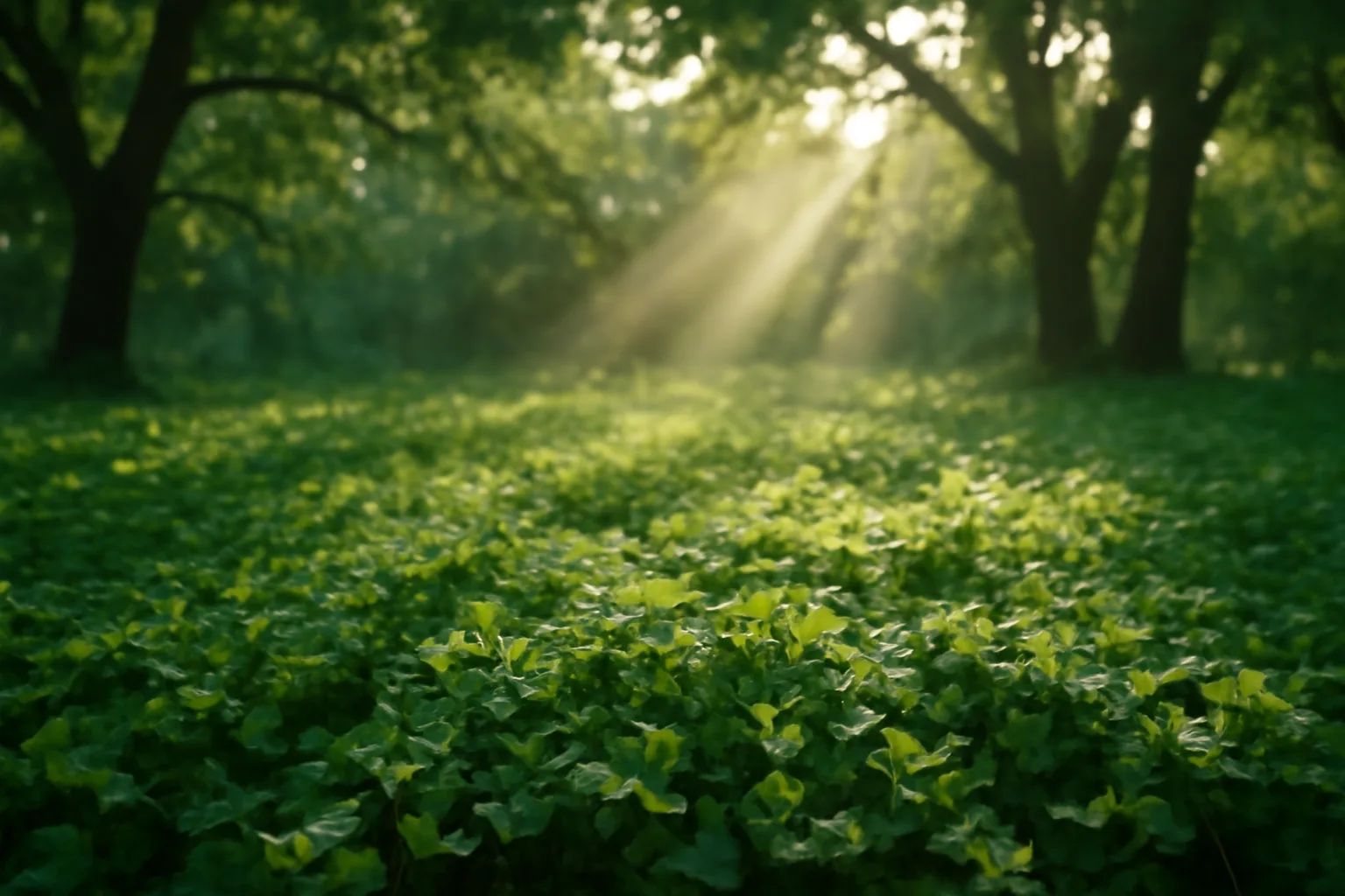 Sunlit clover food plot clearing surrounded by dense hardwood forest canopy