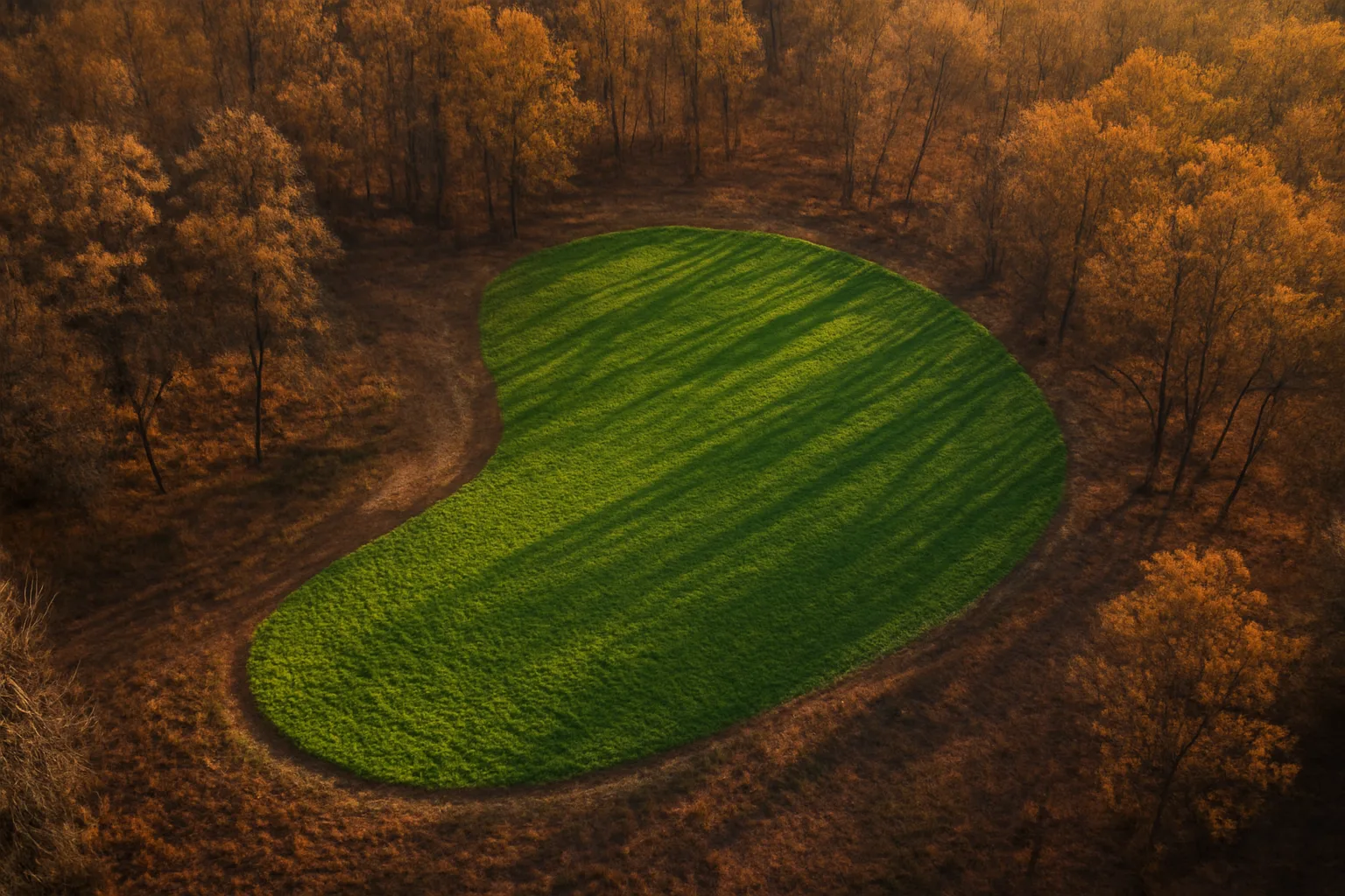 Curved food plot layout carved into timber edge at sunset with a deer trail entrance