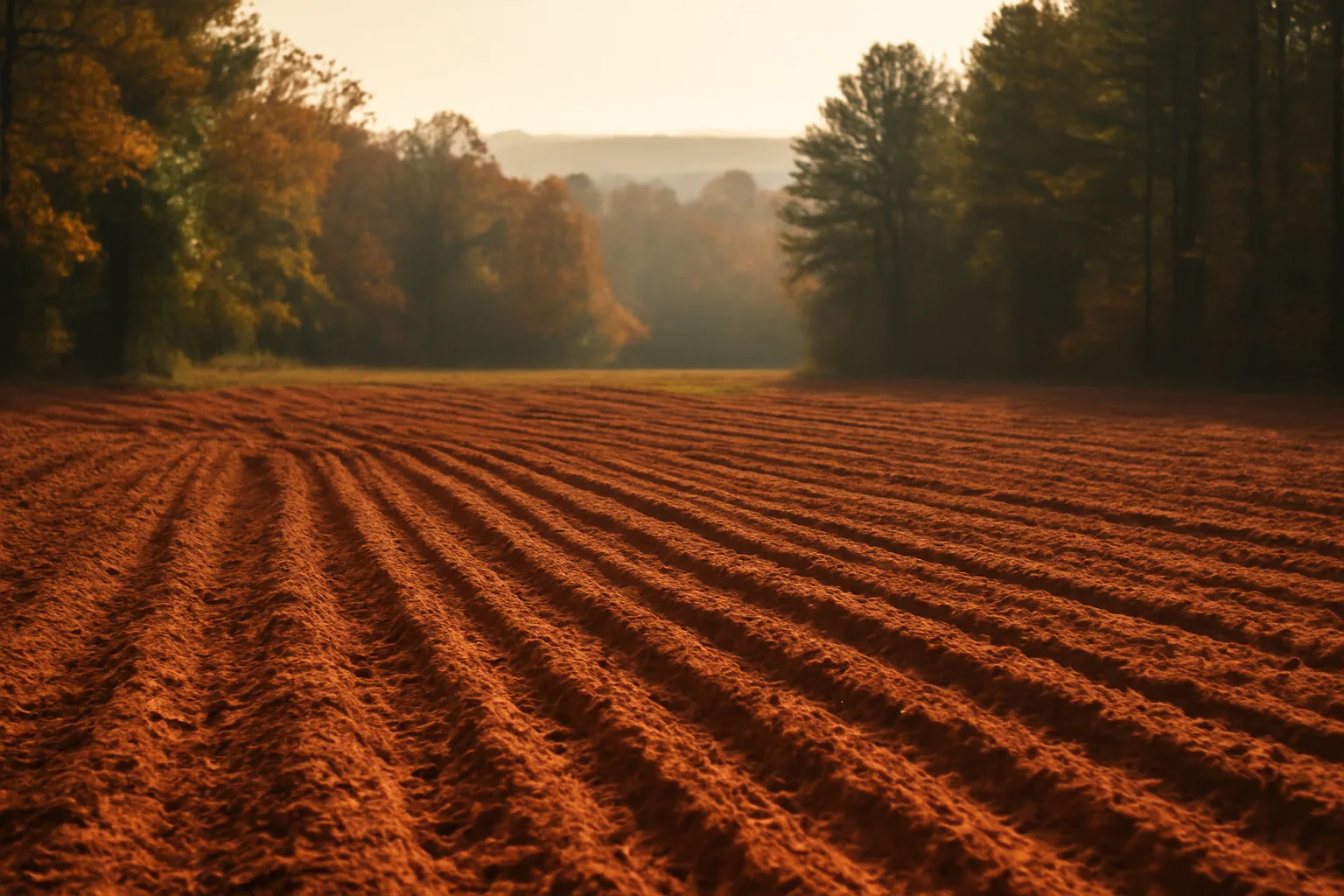 Freshly tilled Alabama food plot clearing bordered by pine woods at dusk