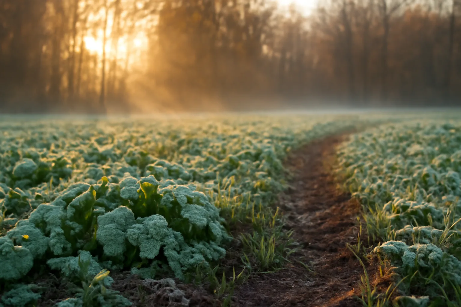 Frosted turnip and oat food plot at forest edge in early fall morning light