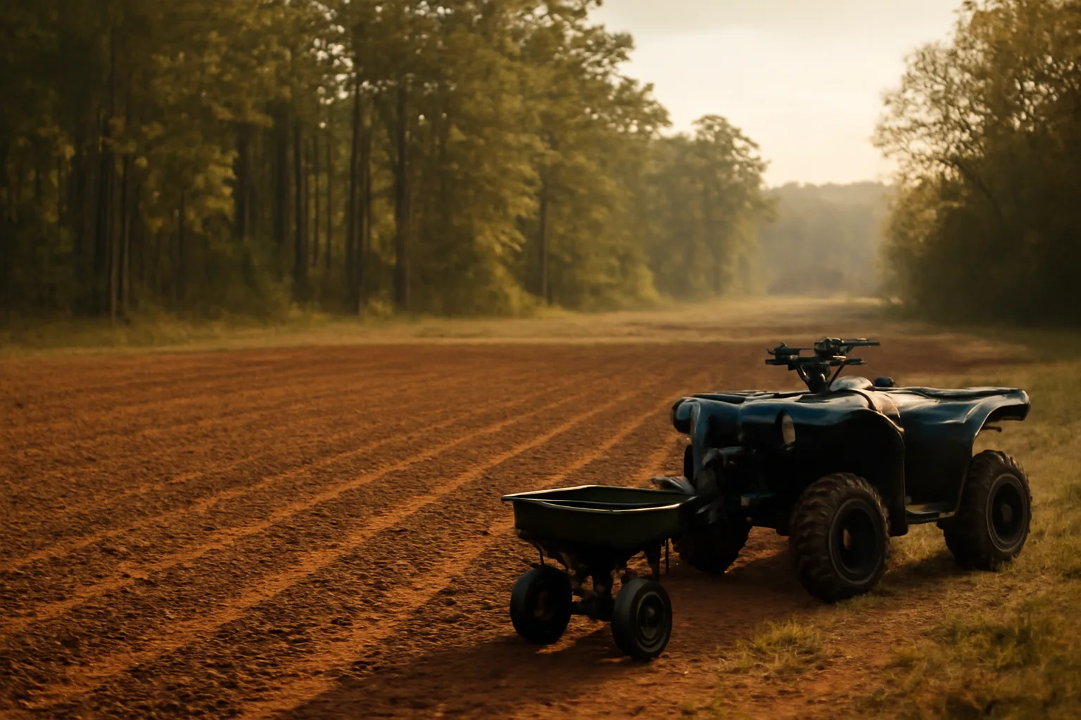 Freshly planted Louisiana food plot with disked clay soil rows bordered by pine trees
