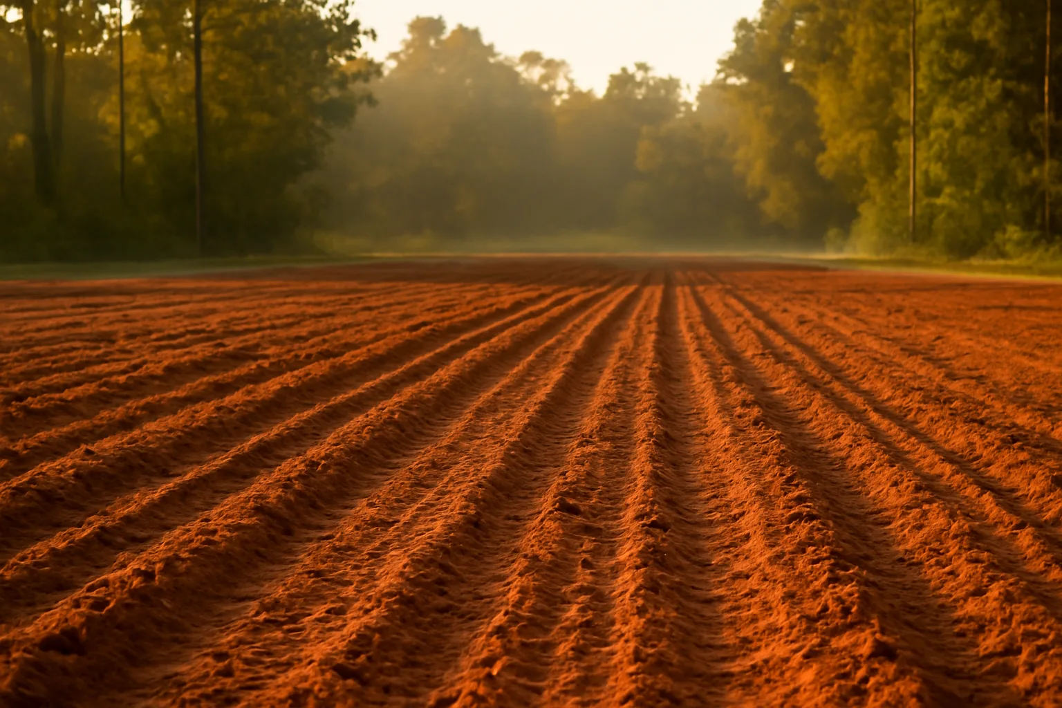 Freshly tilled food plot clearing in a south Louisiana pine woods at sunset