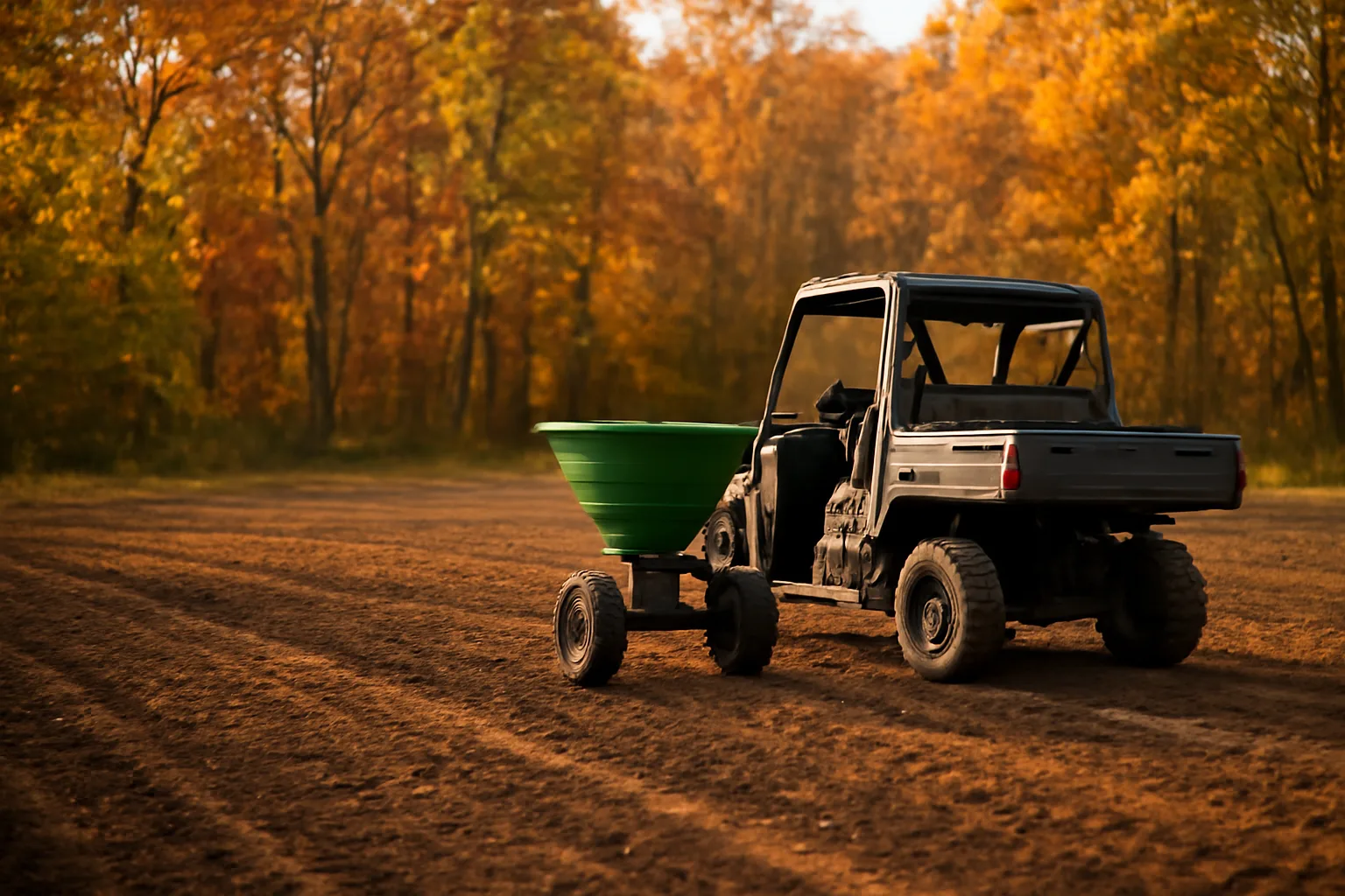 Tow-behind broadcast spreader hitched to a UTV beside a freshly disced deer food plot