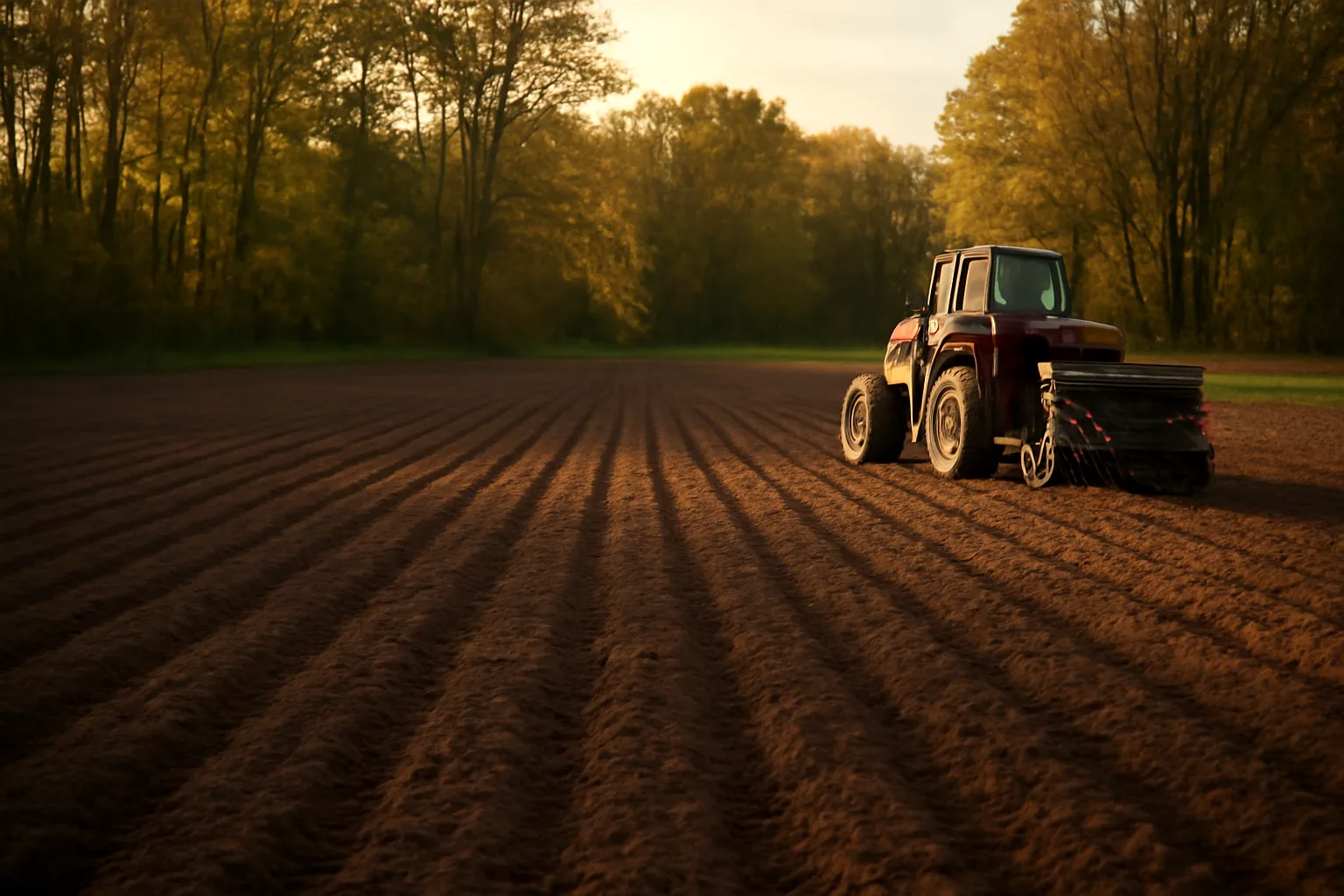 Freshly planted deer food plot field bordered by autumn hardwood timber at dusk