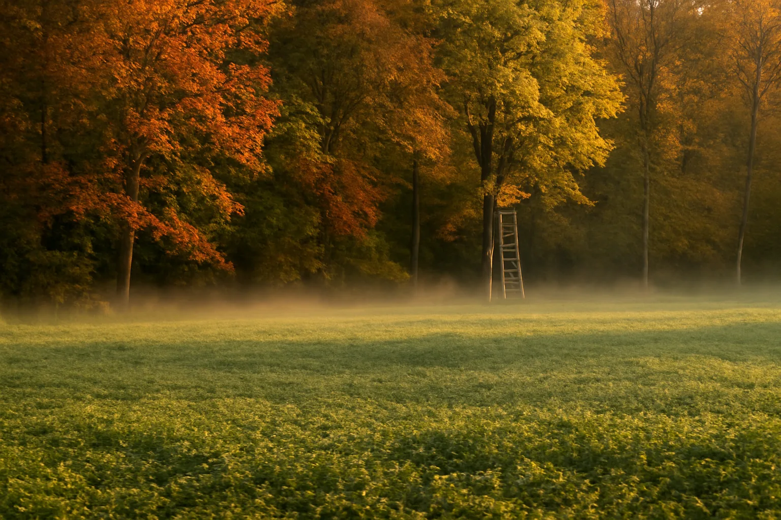 Clover food plot at forest edge planted for deer and turkey in autumn