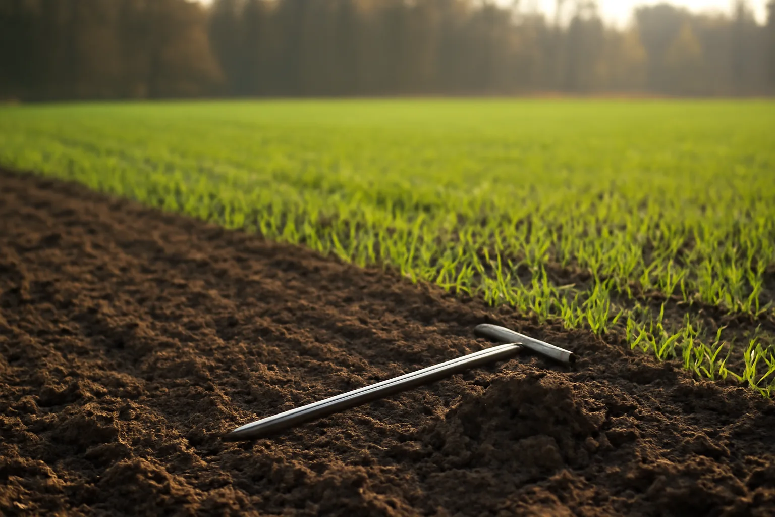Tilled food plot field with soil test cores, showing low pH soil before planting