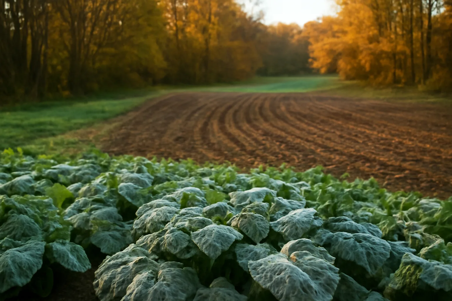 Frost-covered brassica food plot bordered by autumn hardwoods at dusk