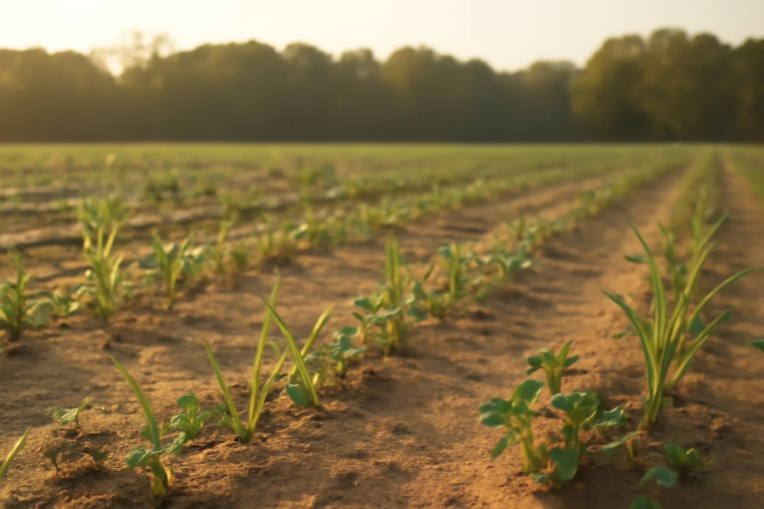Rows of young cereal rye and clover growing in light sandy food plot soil at sunrise