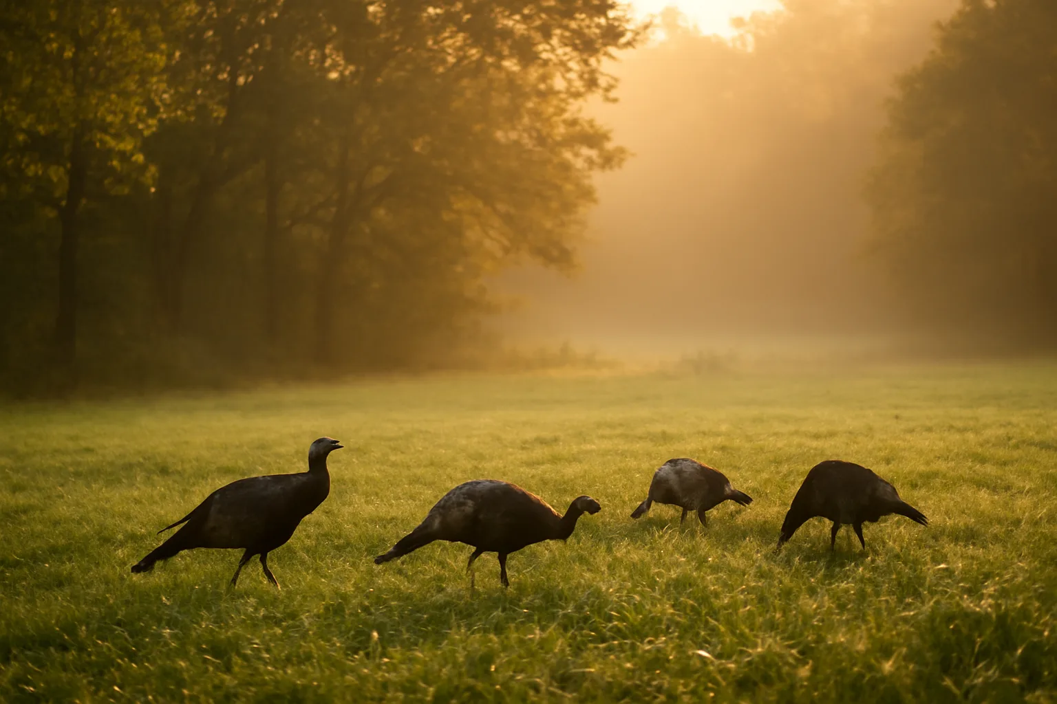 Wild turkeys feeding in a mowed clover food plot at sunrise near a wooded edge