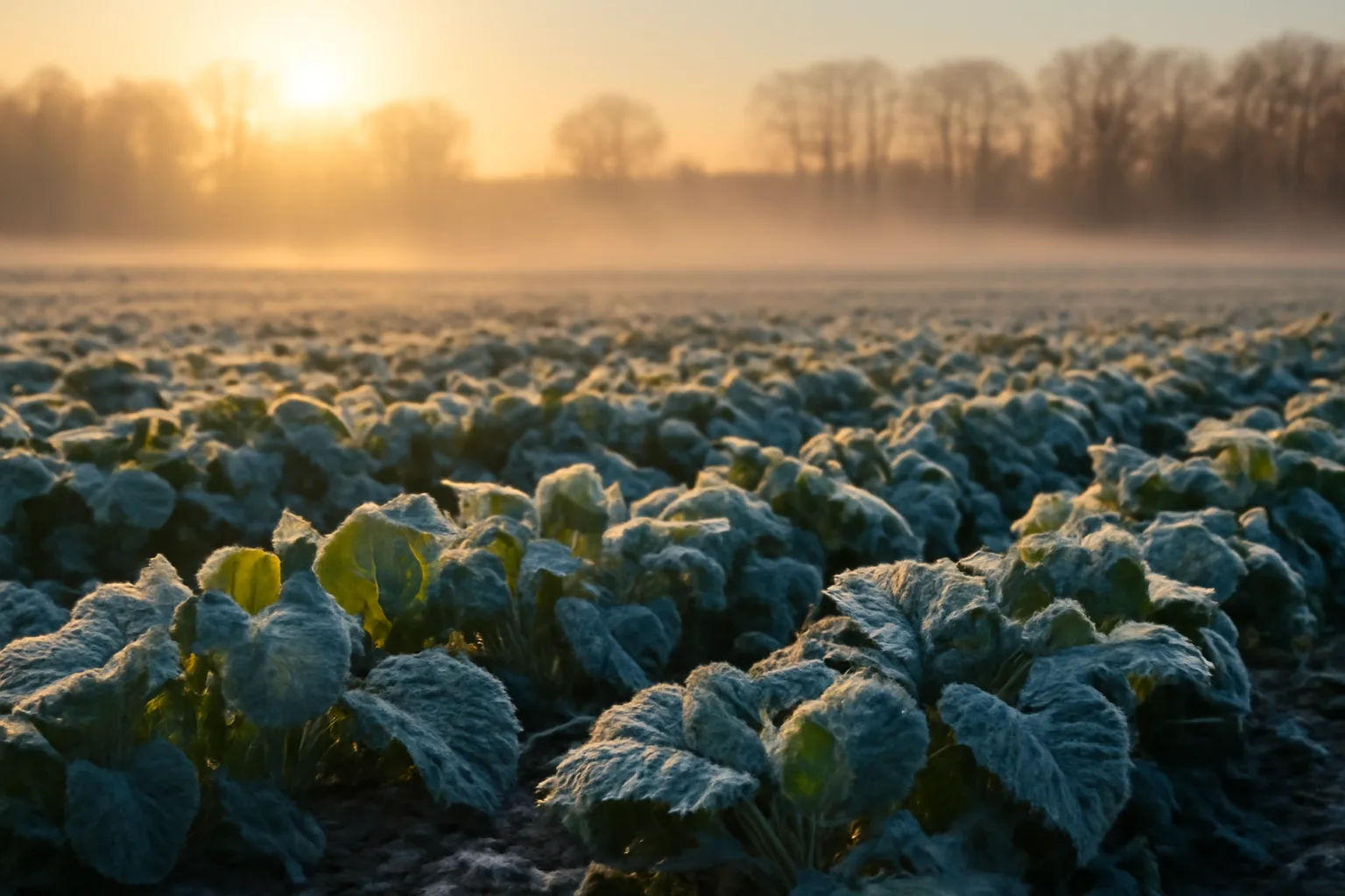 Frosted turnip leaves in a late season food plot at winter sunrise