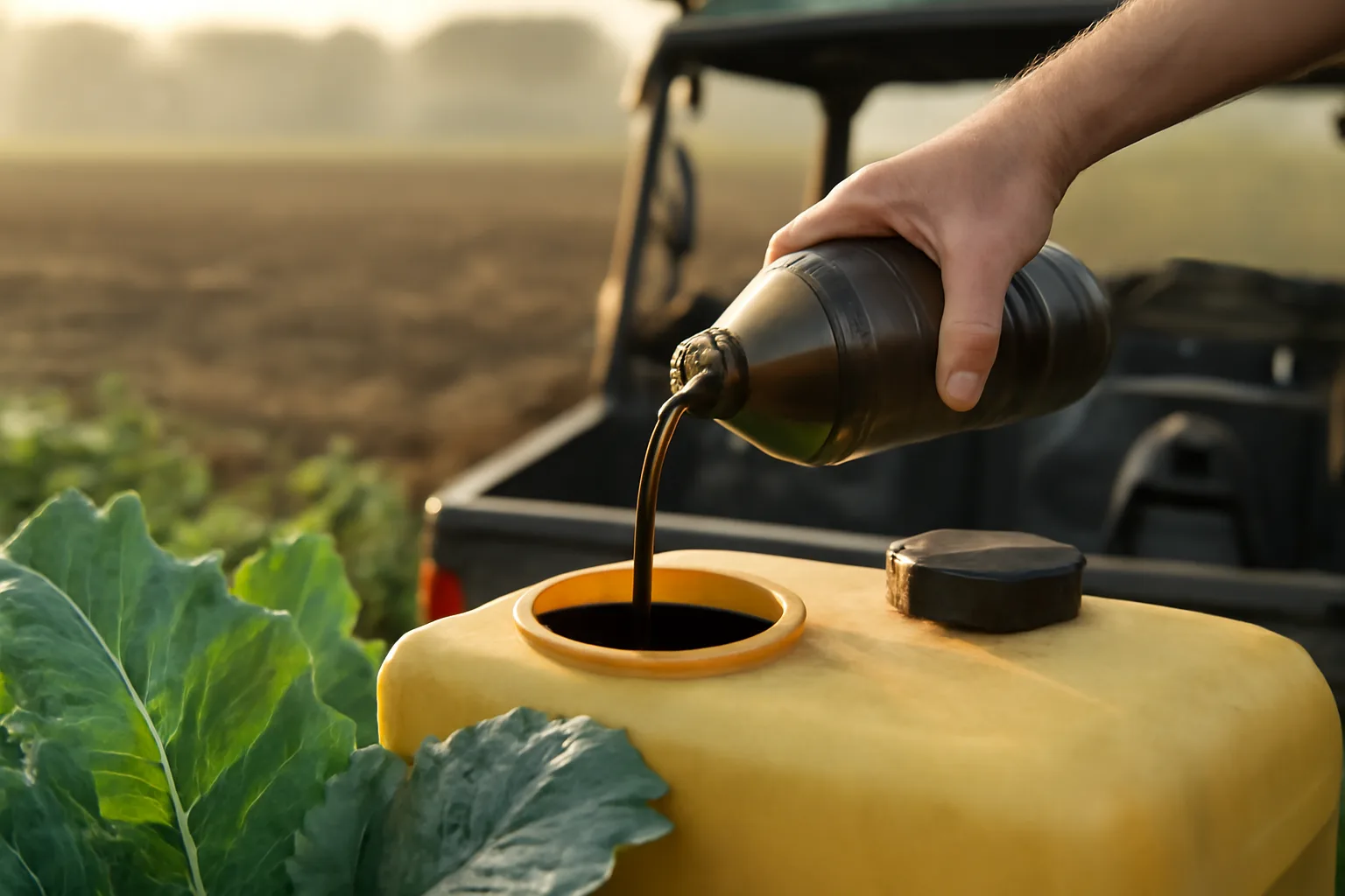 Pouring liquid fertilizer concentrate into a UTV sprayer tank beside a food plot