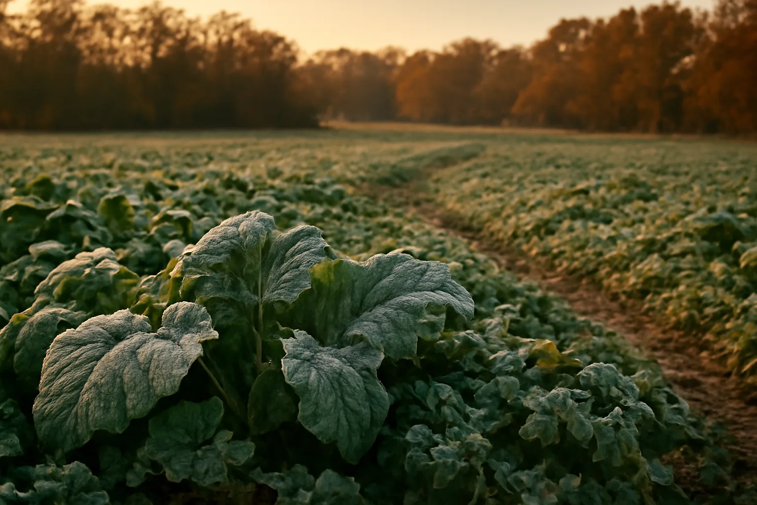 Frost-covered food plot with clover and brassica leaves at dusk near a tree line