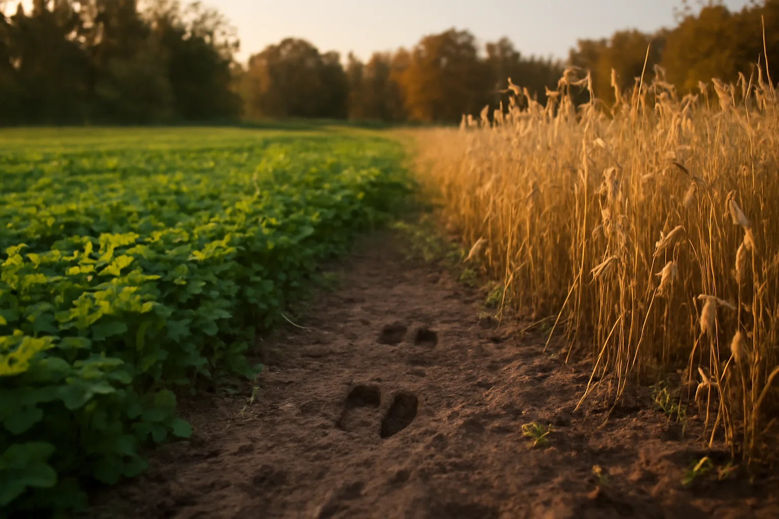 Mixed clover and oat food plot at field edge in early fall light