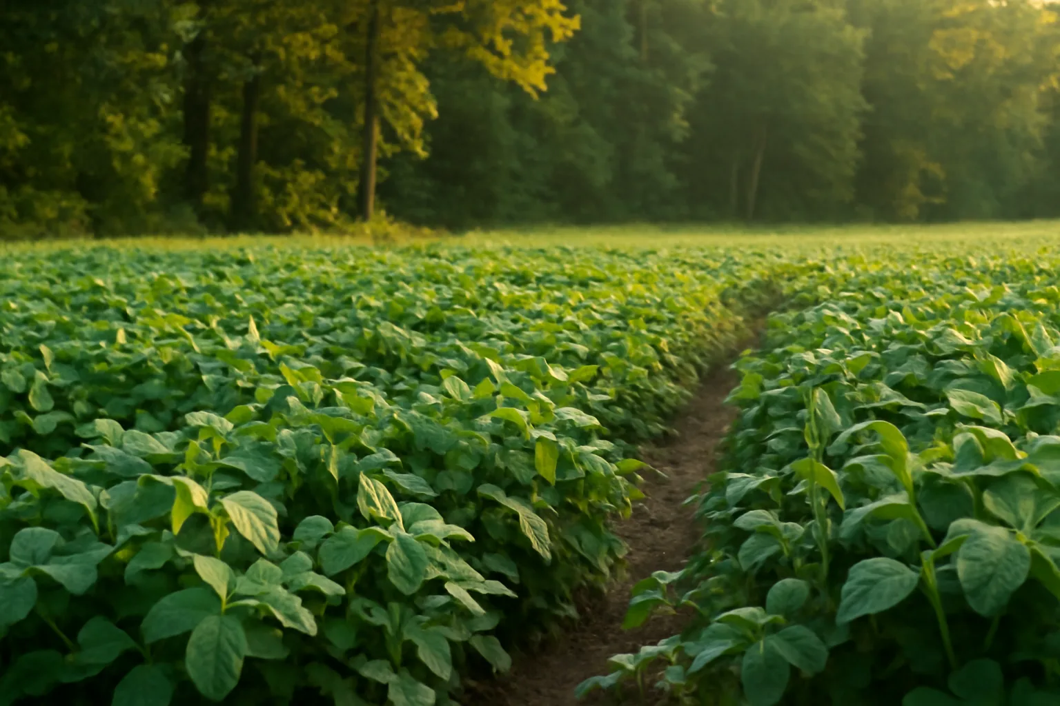 Summer food plot of soybeans and cowpeas bordered by hardwood timber at dusk