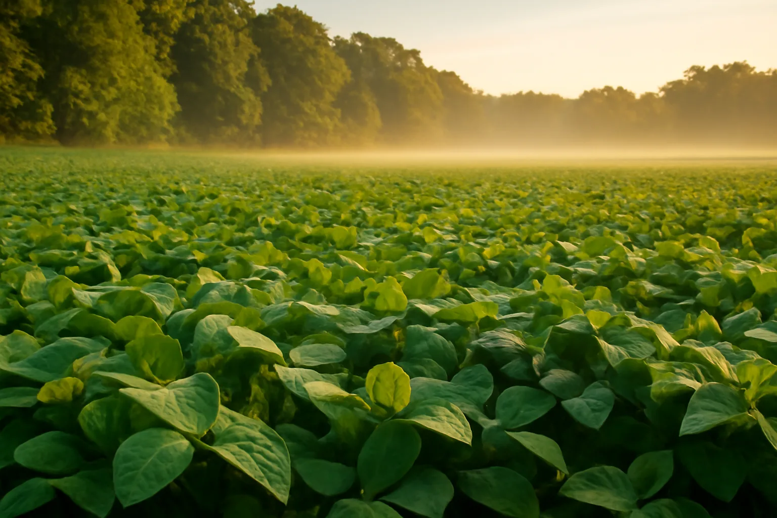 Summer food plot of green soybean leaves bordering a hardwood tree line at dawn