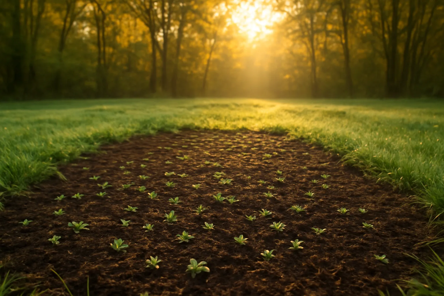 Small forest clearing food plot with clover seed broadcast over freshly disked soil at dawn