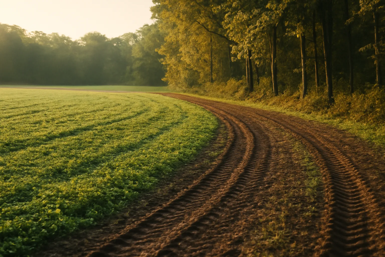 Freshly planted clover food plot bordering hardwood timber in early morning light