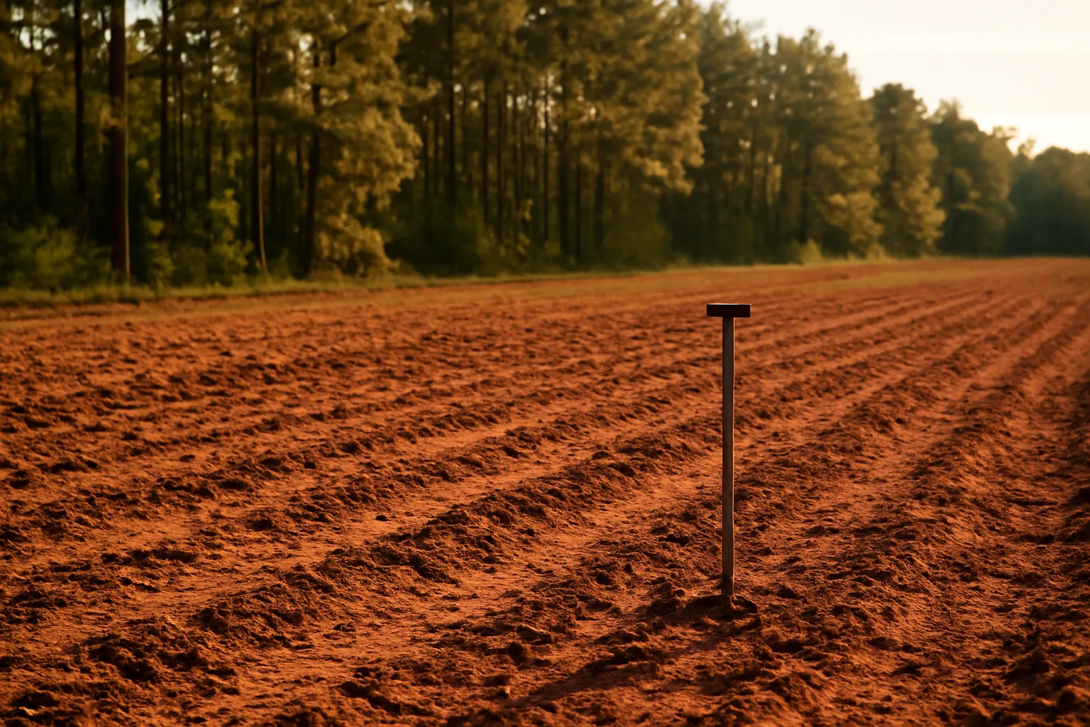Freshly tilled red clay food plot in Alabama bordered by pine forest at dusk
