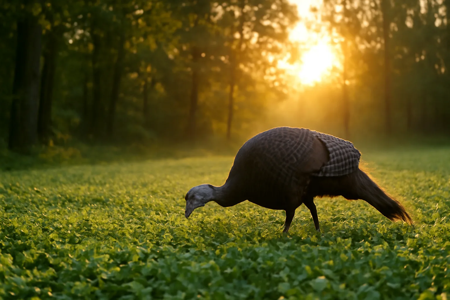 Wild turkey feeding in a dew-covered clover food plot at sunrise near timber