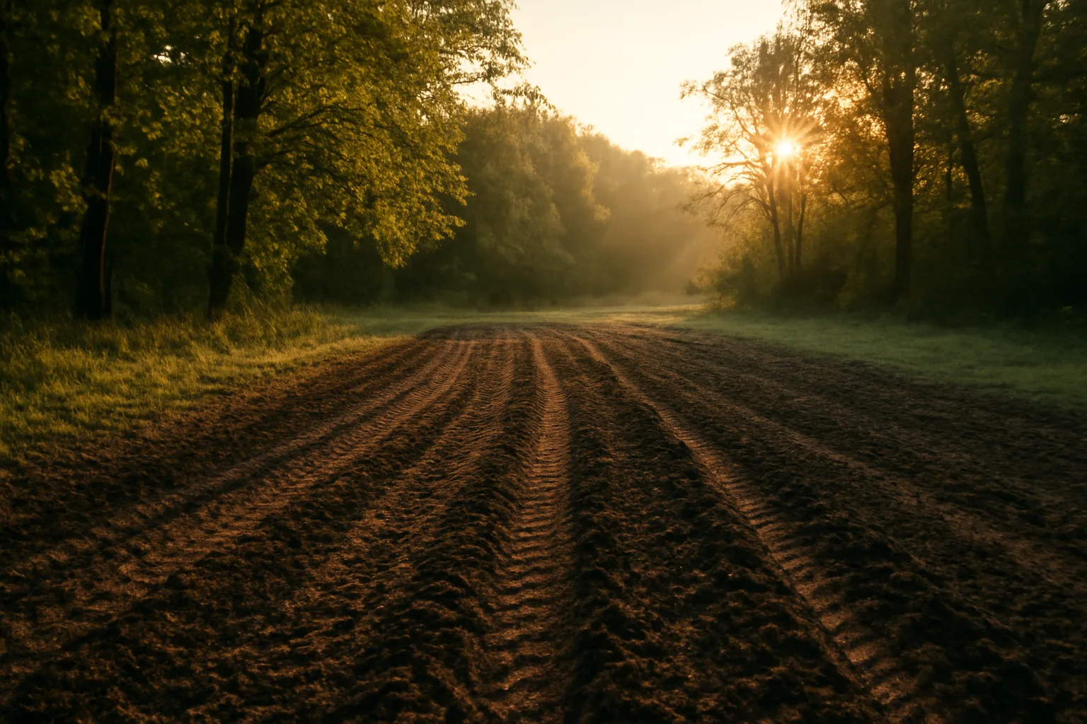 Freshly tilled food plot clearing at forest edge in early morning light
