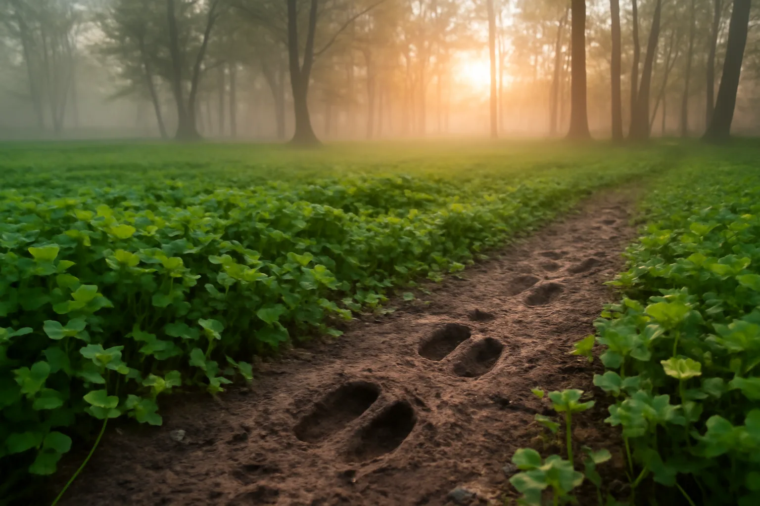 Foggy morning clover food plot bordered by hardwood timber with visible deer tracks