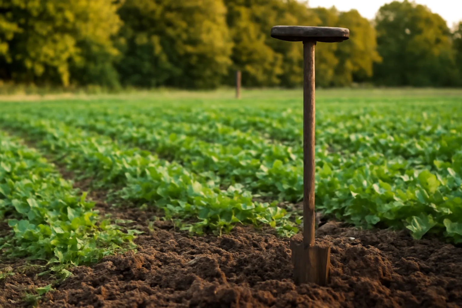 Mixed clover and brassica food plot rows with soil probe in foreground at dusk