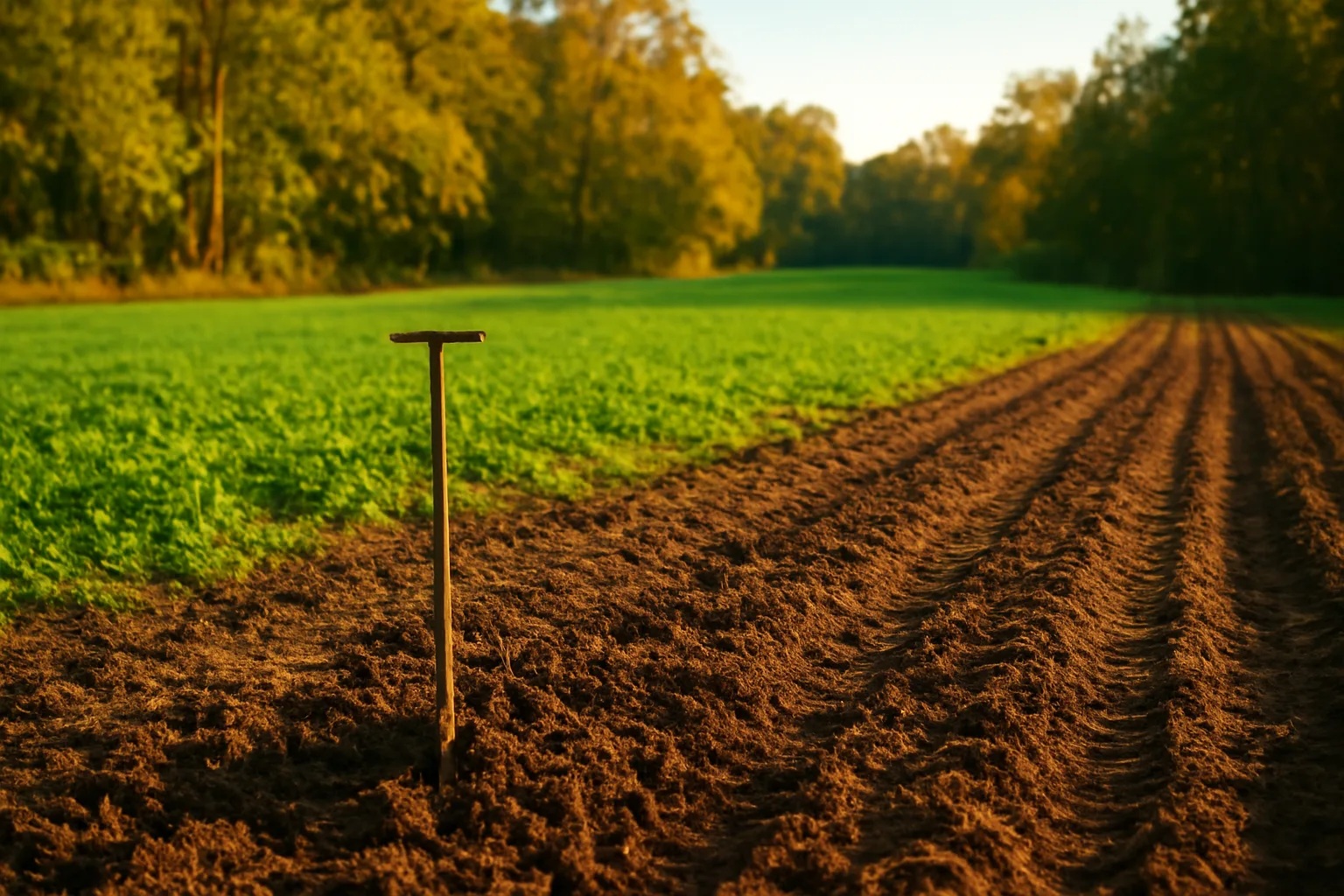 Green food plot with soil probe in freshly turned dirt at field edge