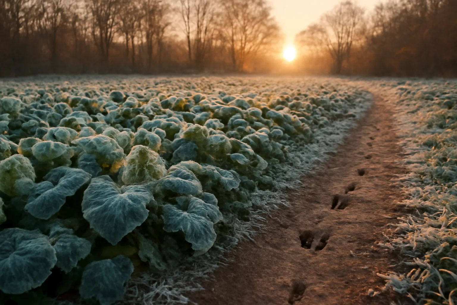 Frosted brassica food plot leaves at dawn with deer tracks along the edge