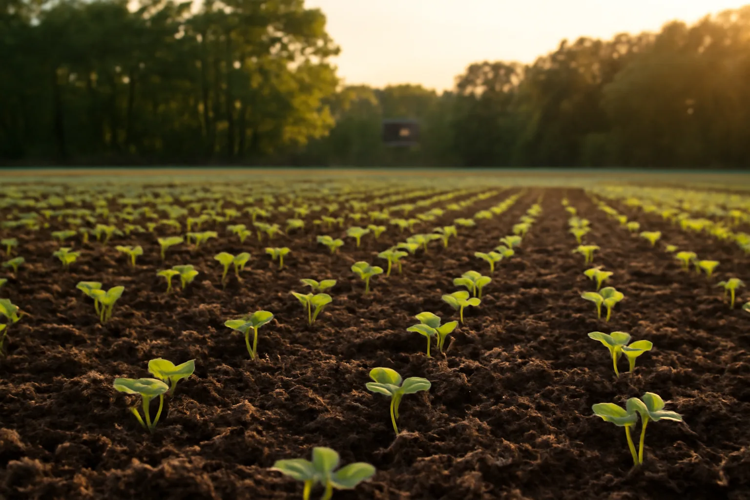 Young buckwheat seedlings emerging in a freshly planted deer food plot field
