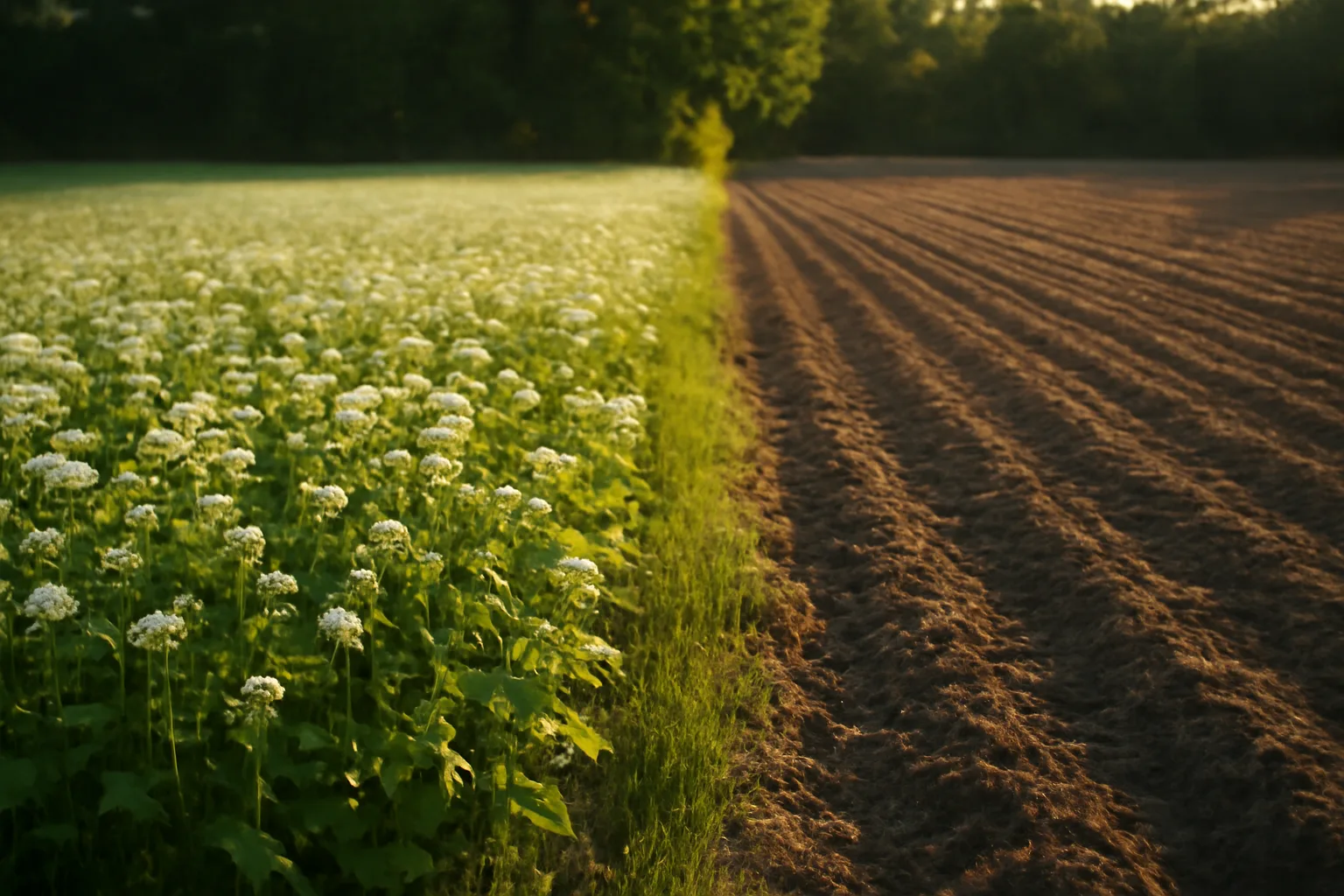Blooming buckwheat food plot bordering a freshly disked field at dusk