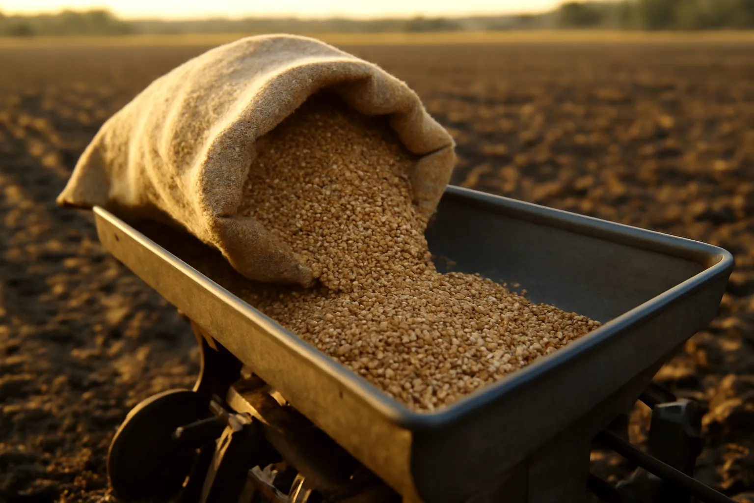 Bulk food plot seed pouring from a bag into a grain drill hopper at dawn