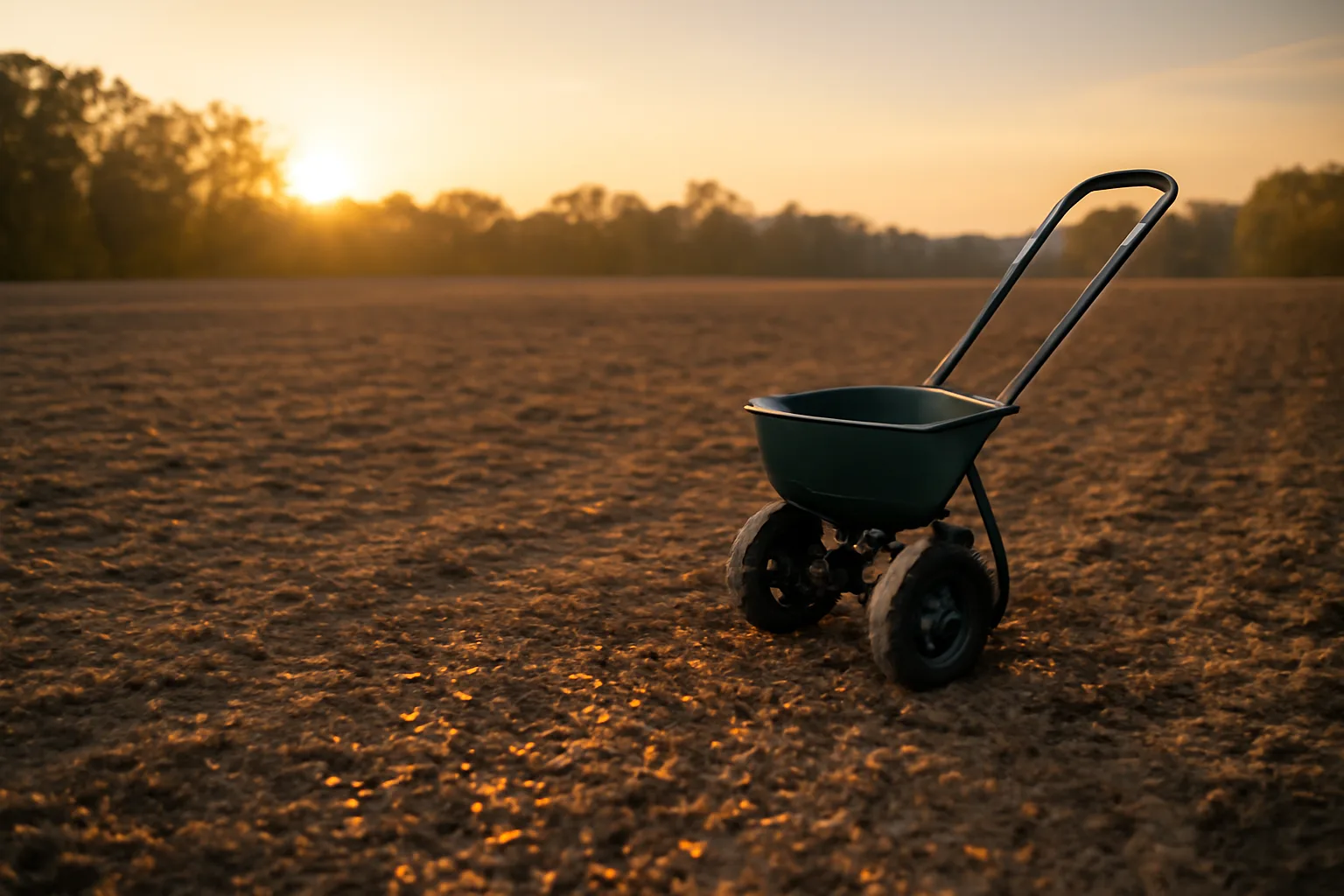 Corn kernels scattered on bare soil in a food plot field at sunrise
