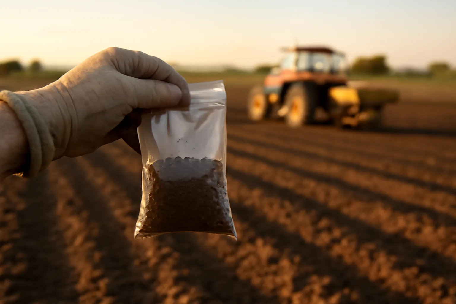 Hand holding soil sample over a food plot field with spreader tractor nearby