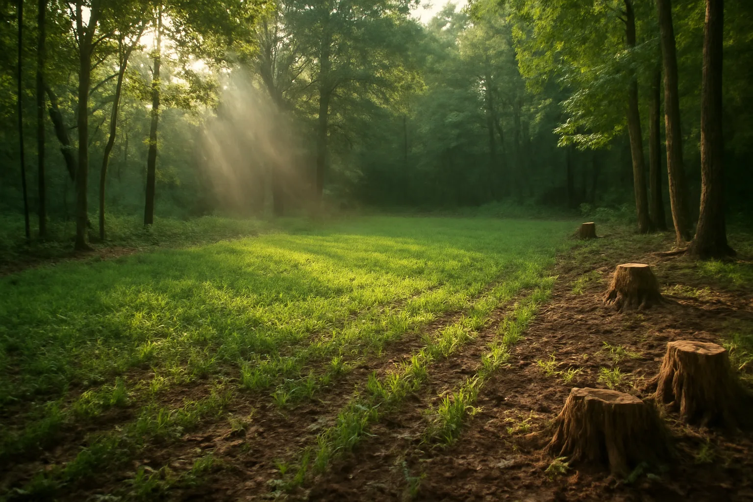 Sunlit clearing planted as a food plot inside dense hardwood woods