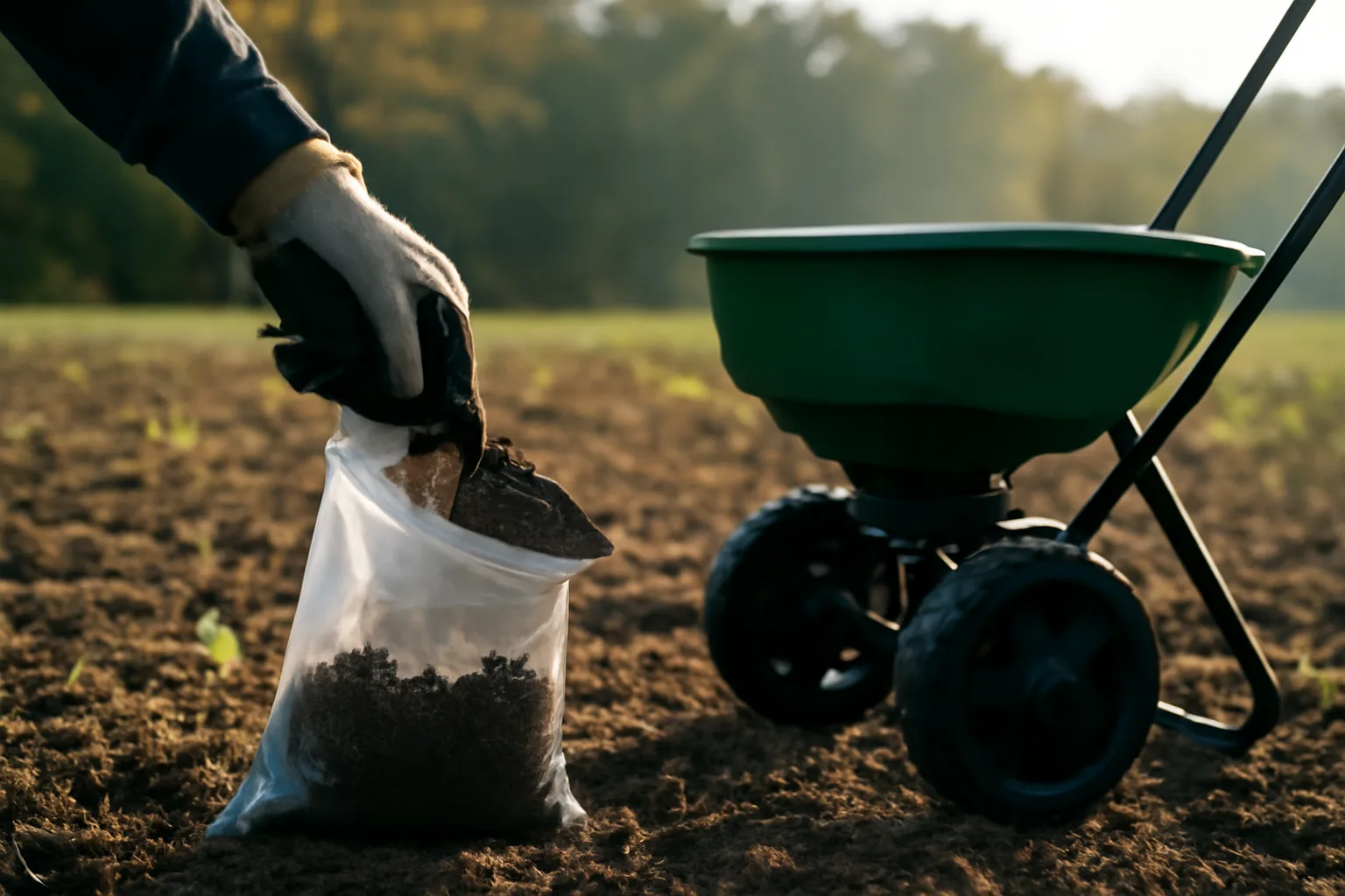 Hand collecting soil sample near lime spreader in a food plot field