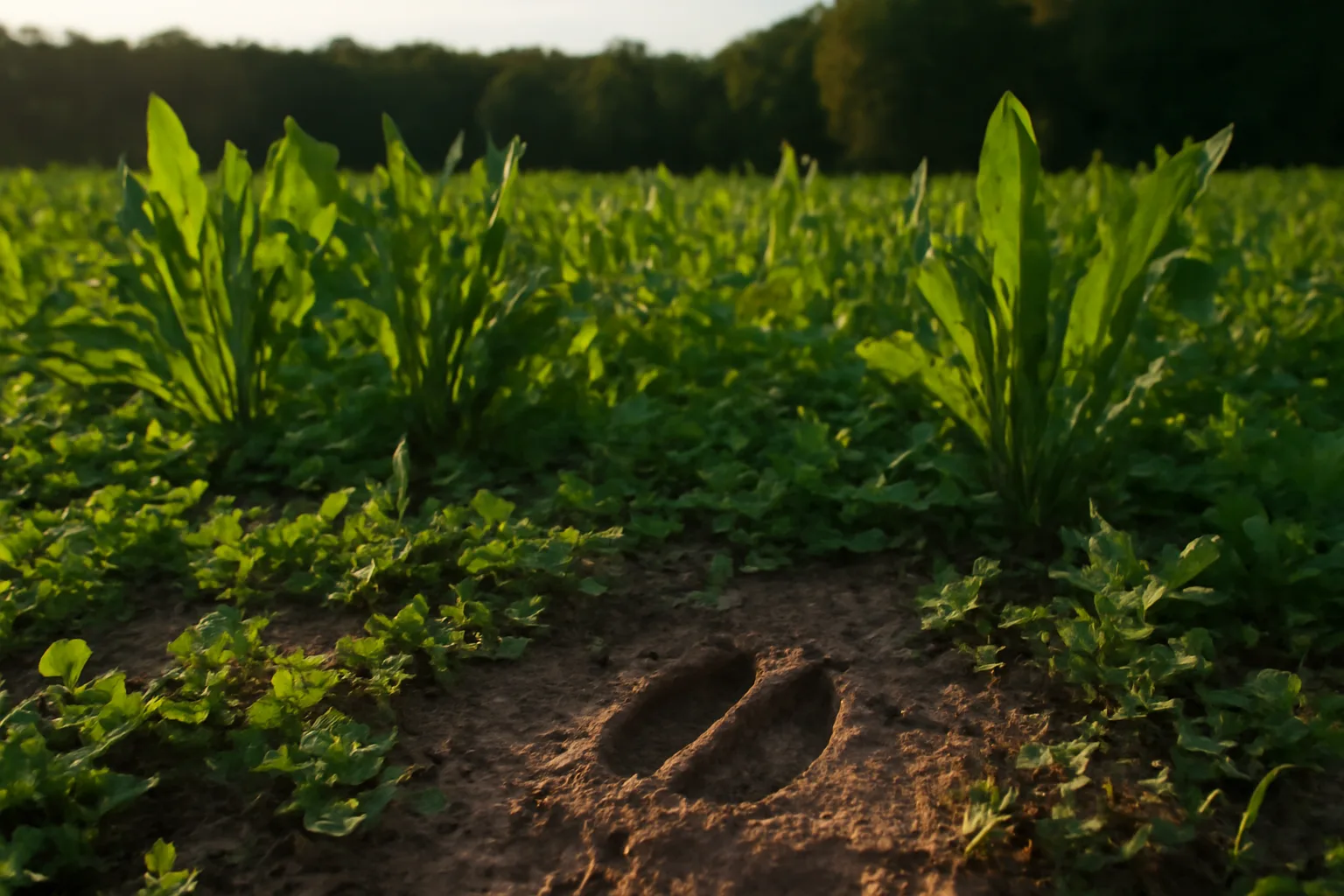 Chicory food plot with broadleaf plants and clover growing at a forest edge
